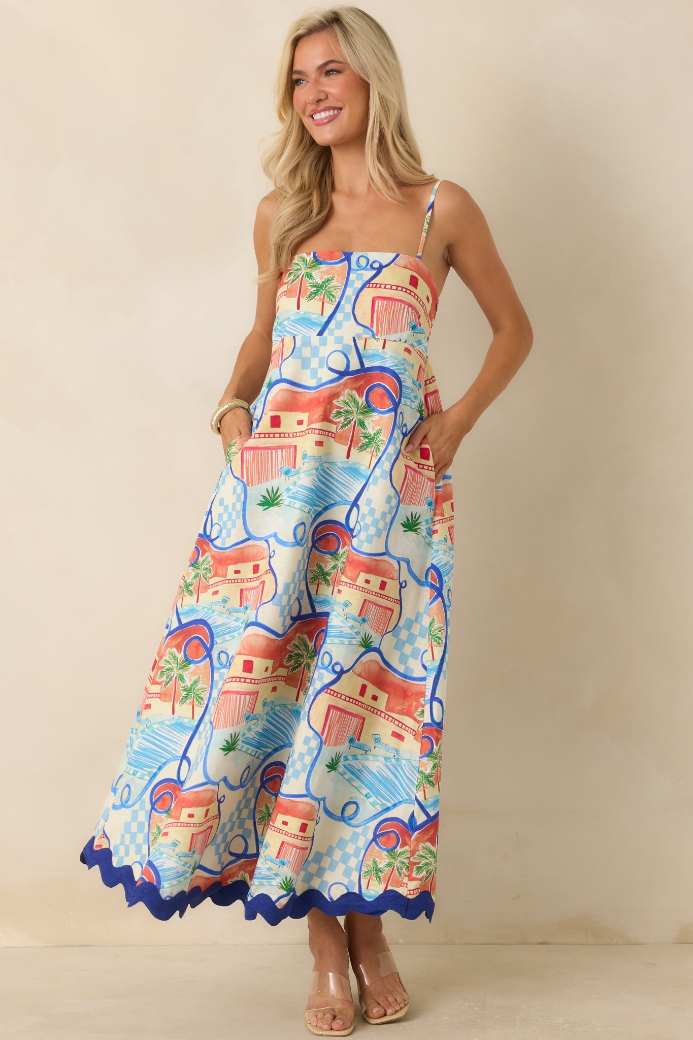Passport to Paradise Coral Orange & Blue Poolside Print Maxi Dress