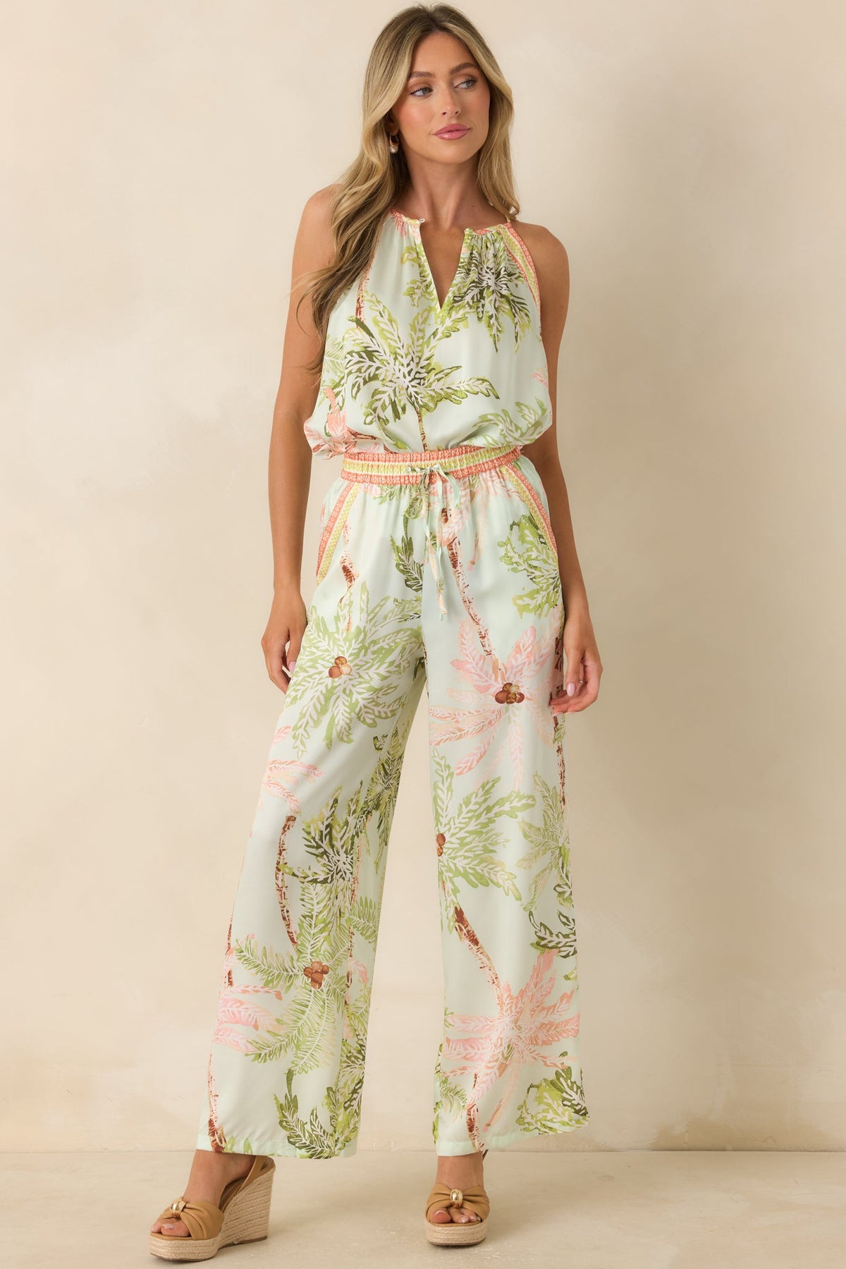Palm Breeze Seafoam Green Multi Palm Print Sleeveless Top