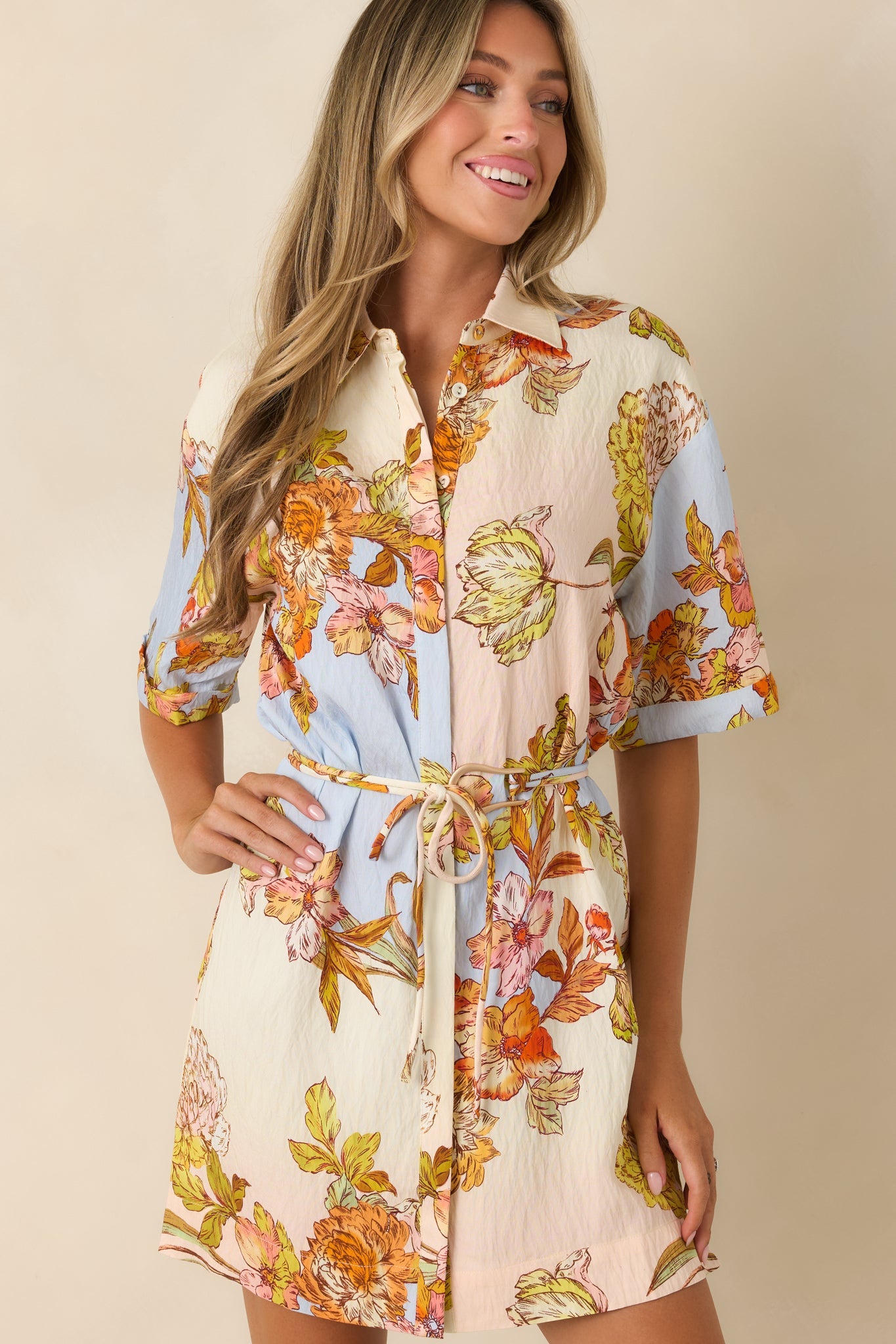 MINKPINK Fiore Multi Pastel Floral Mini Shirt Dress