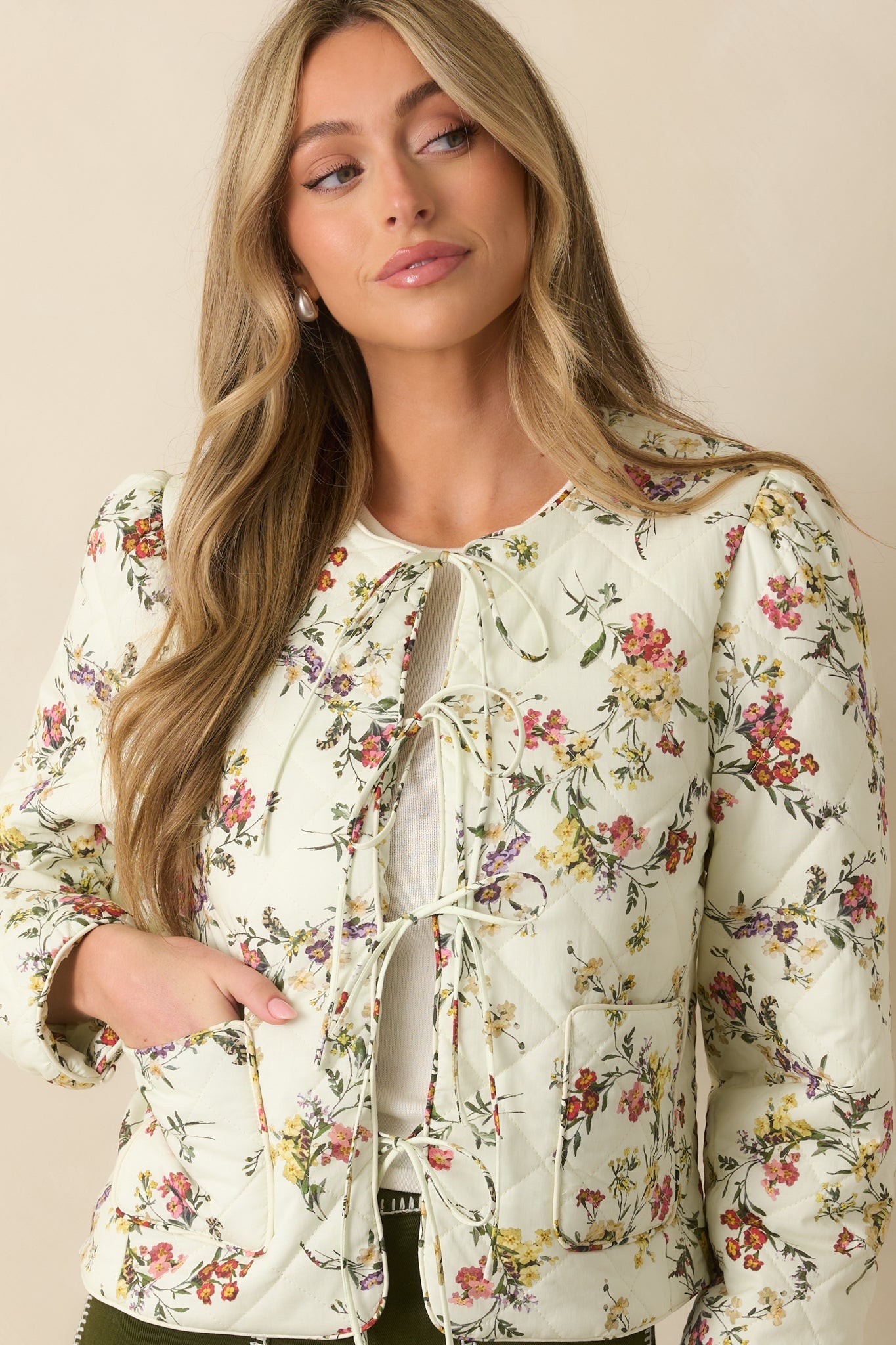 Just How It Is Ivory Multi Floral Print Quilted Cotton Jacket