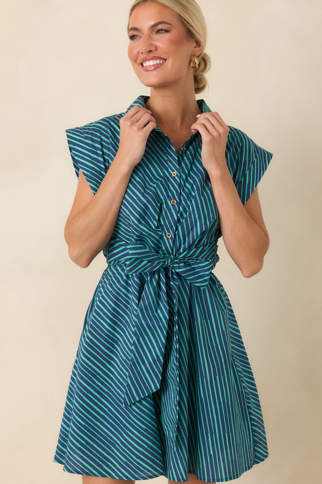 Blurred Lines Teal Stripe Tie Waist Mini Dress