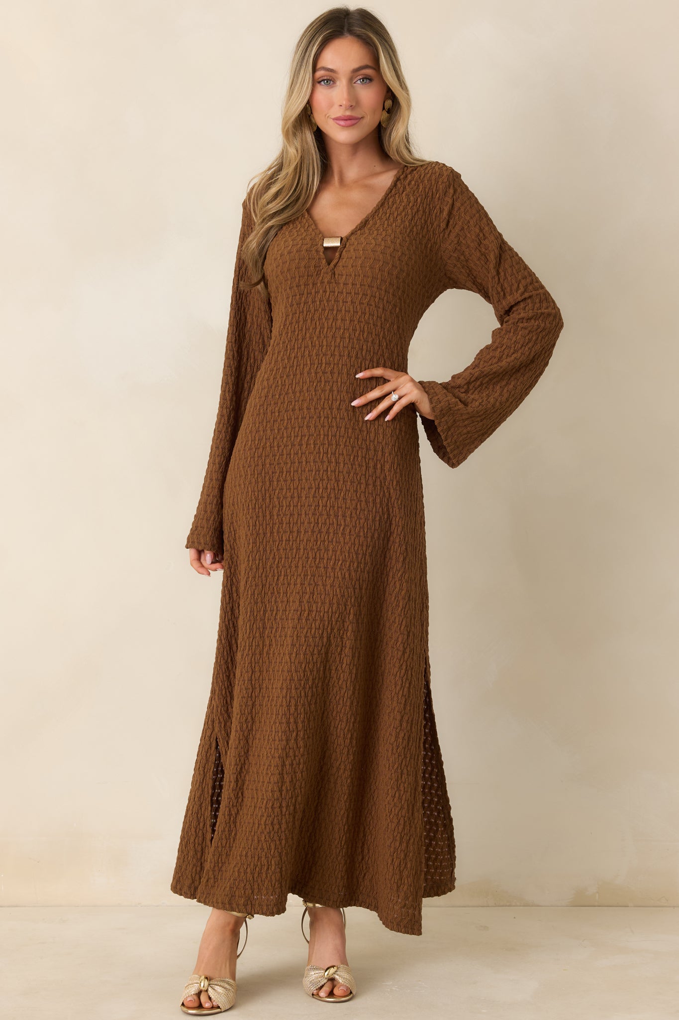 Just a Hint of Glam Brown Textured Semi-Sheer Long Sleeve Maxi Dress