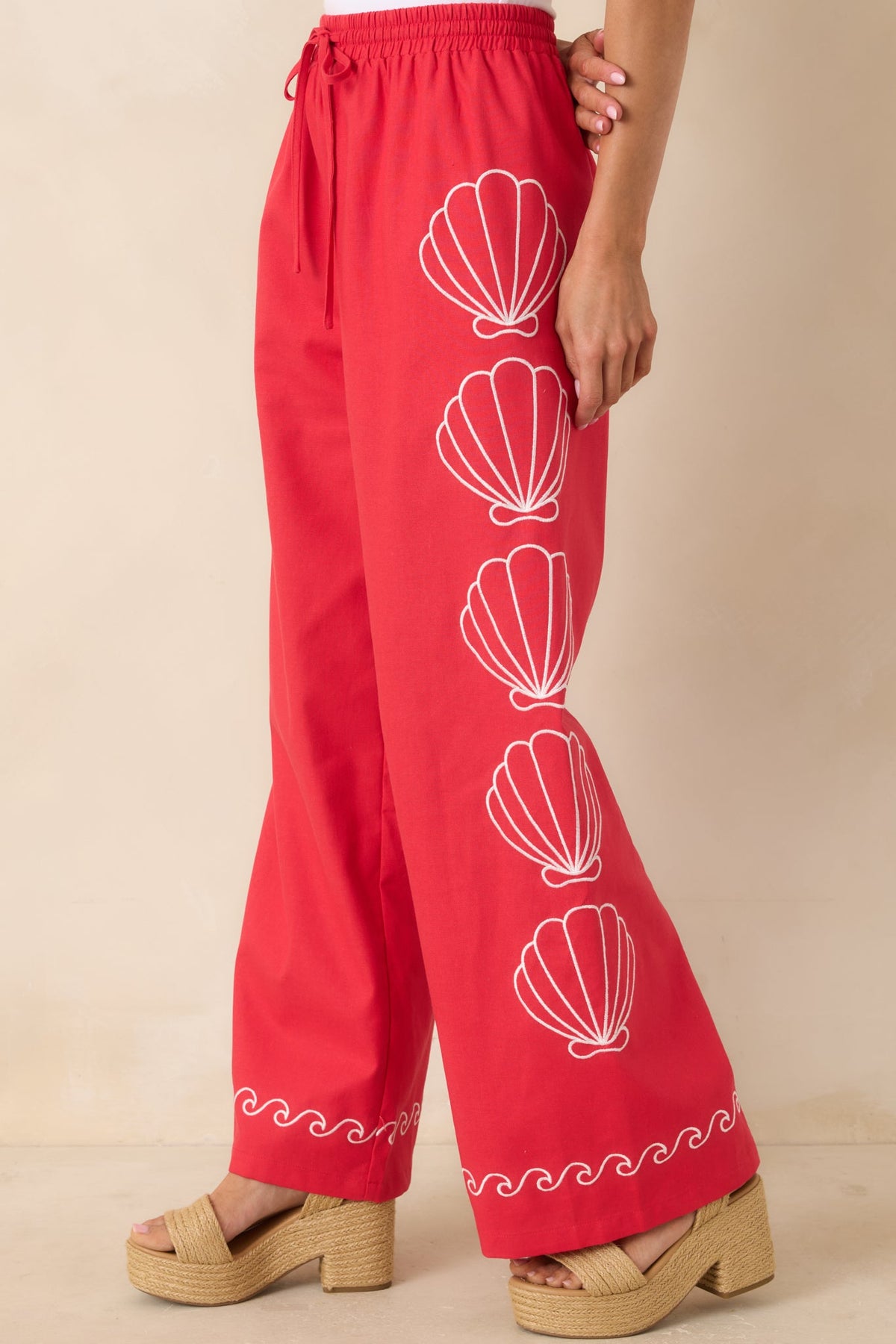 Sea You Soon Red Cotton Blend Shell Embroidered Wide Leg Pants
