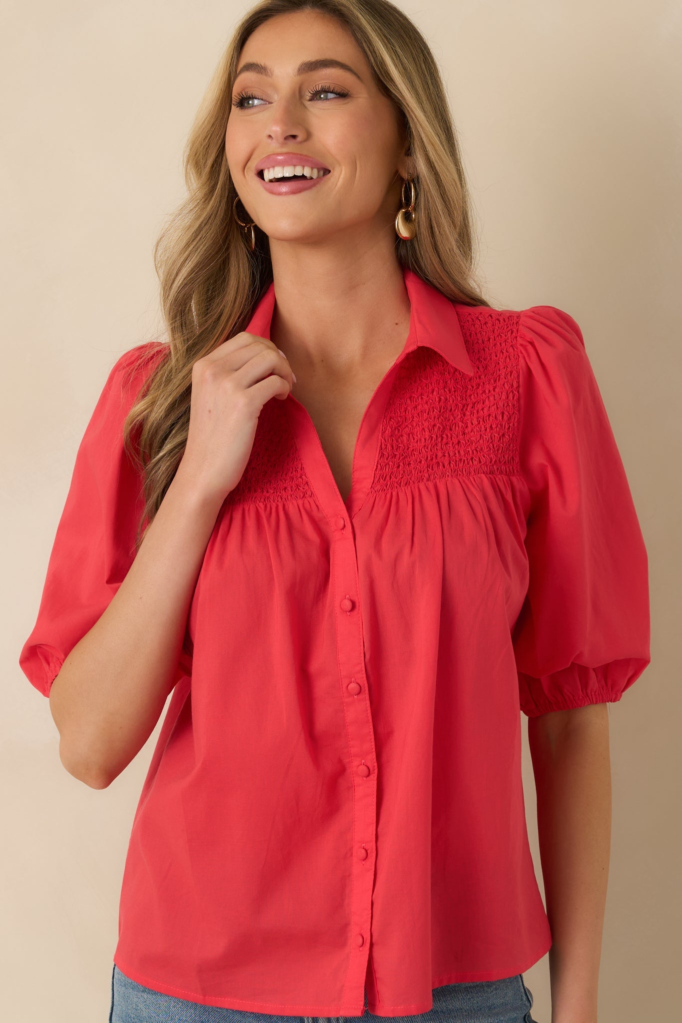 Precious As You Watermelon Red Cotton Puff Sleeve Smocked Button Up Blouse