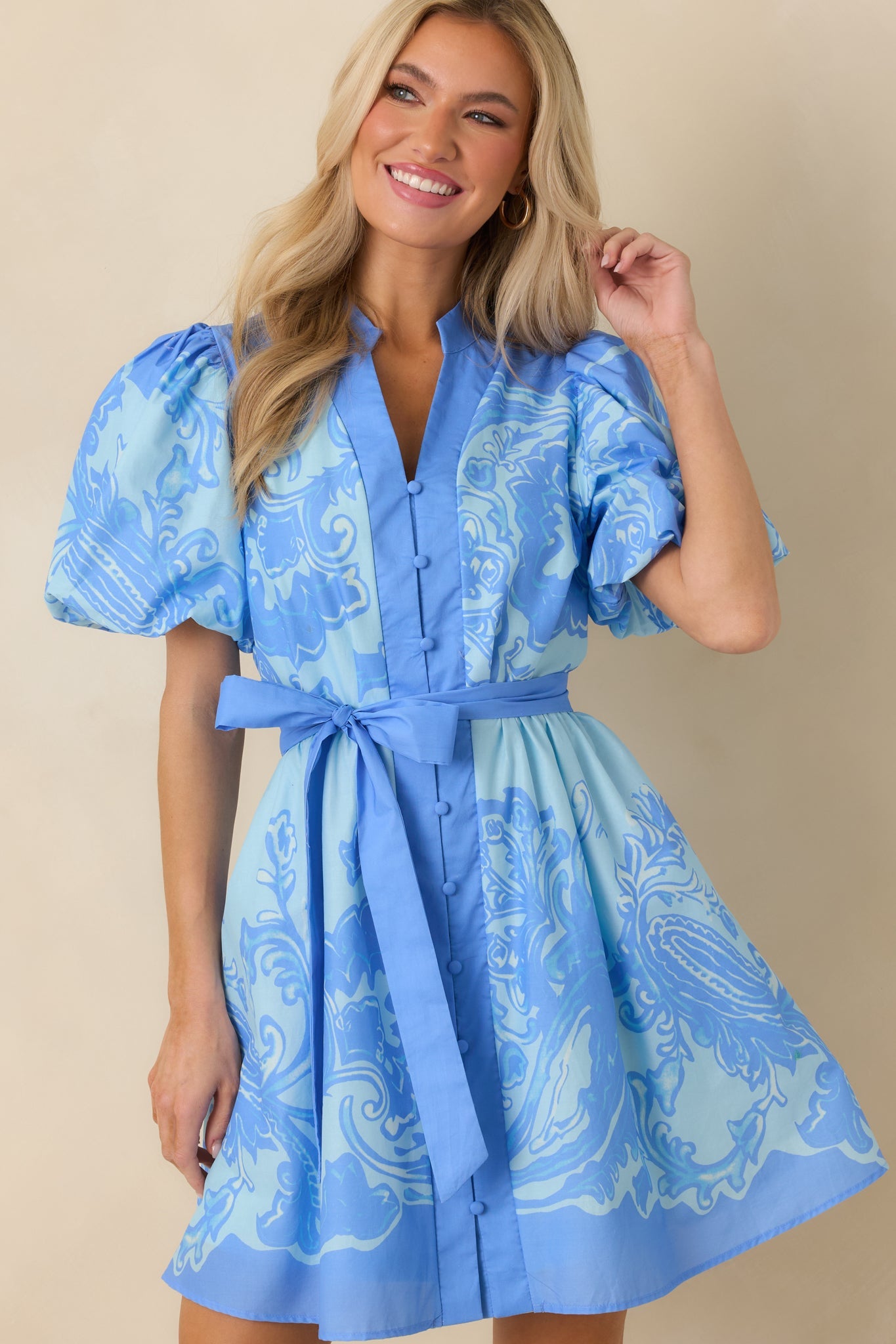 Something in the Air Blue Cotton Paisley Belted V-Neck Mini Dress