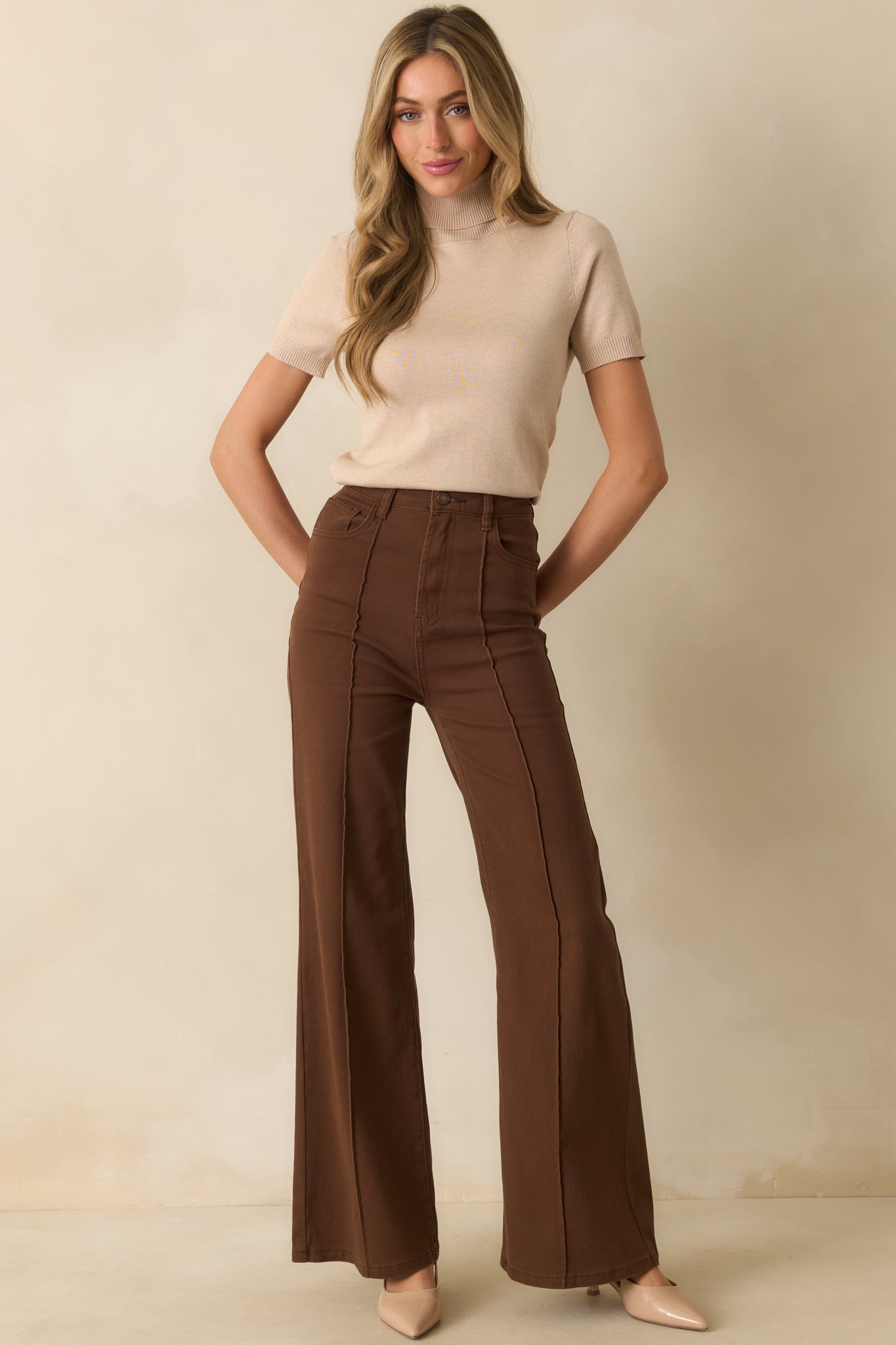 In Just A Minute Beige Ribbed Turtleneck Short Sleeve Sweater