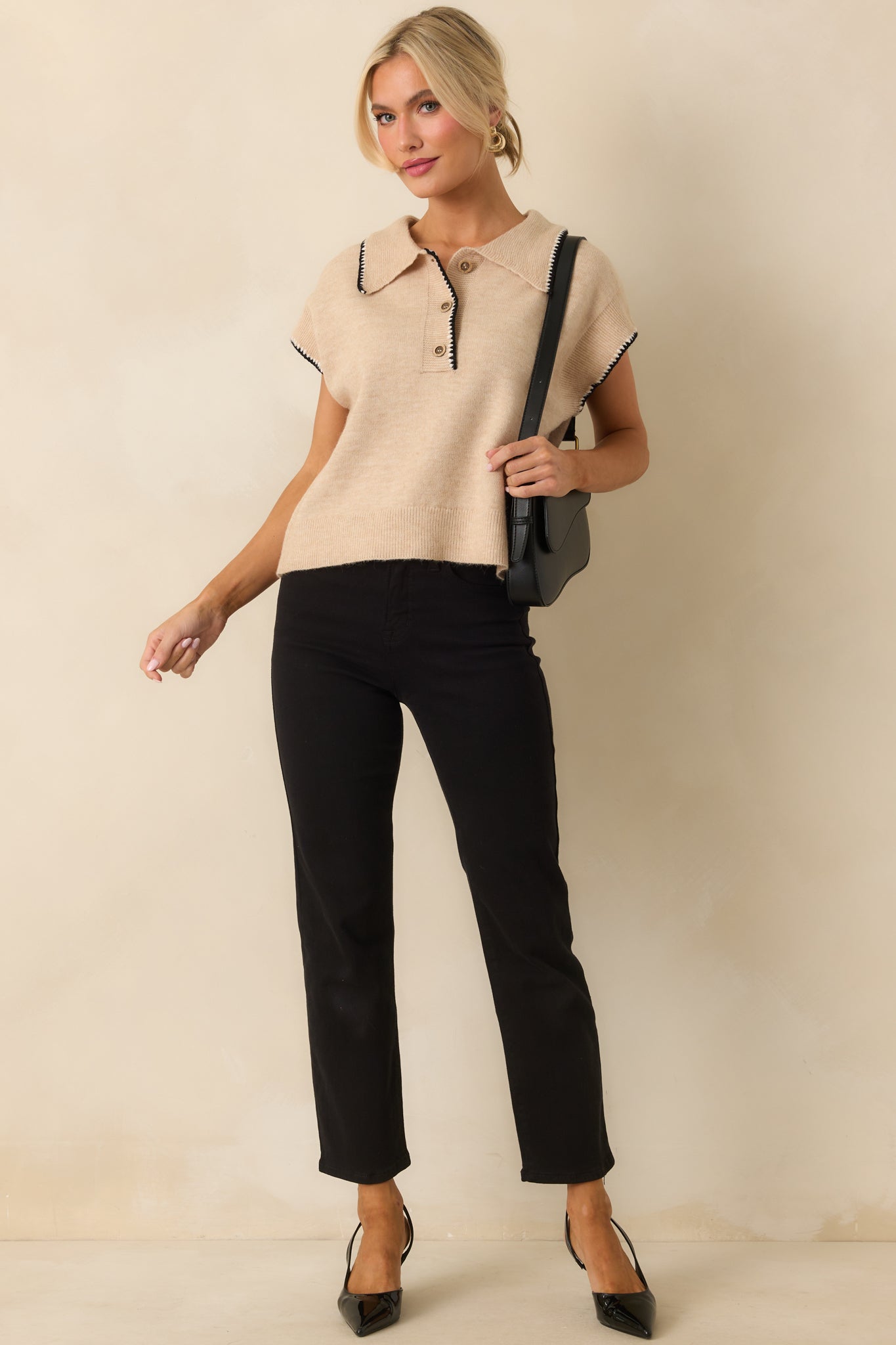 Let's Call It Even Oatmeal Beige Contrast Trim Knit Short Sleeve Polo Top