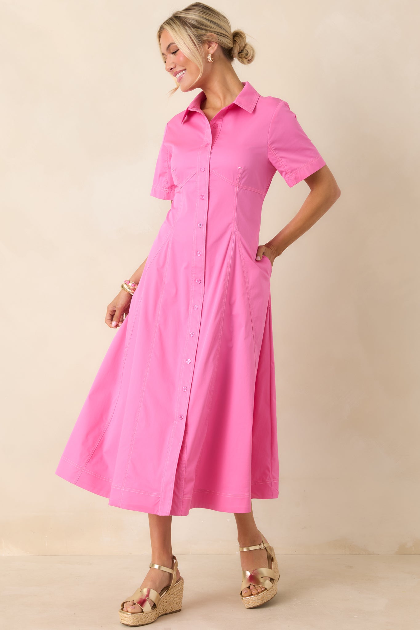 Make It Look Easy Pink Short Sleeve Midi Shirt Dress
