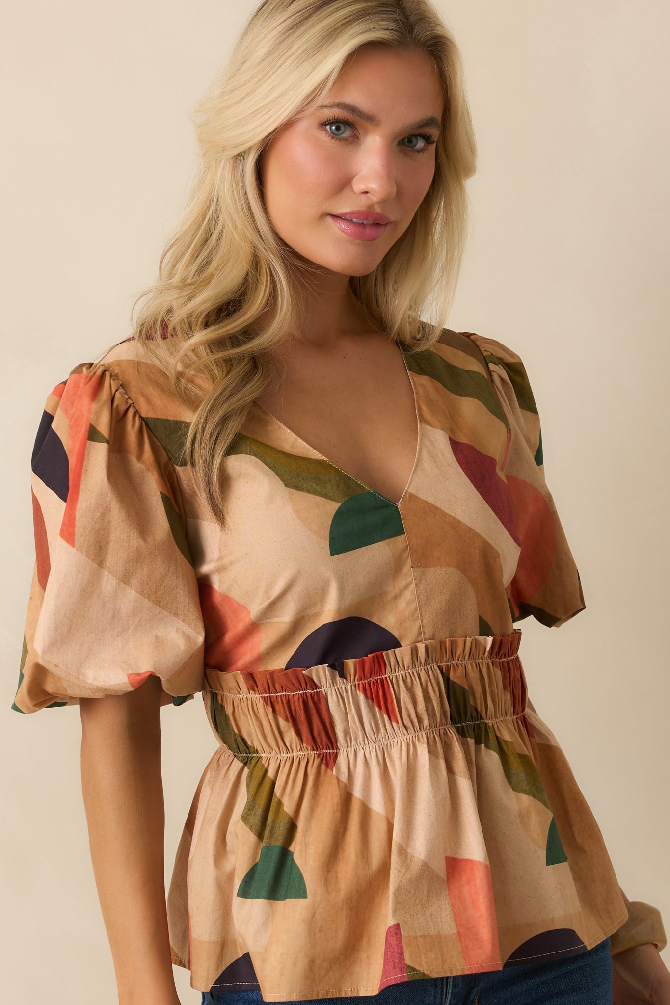 You'll See Why Tan Multi Abstract Print Puff Sleeve Peplum Top