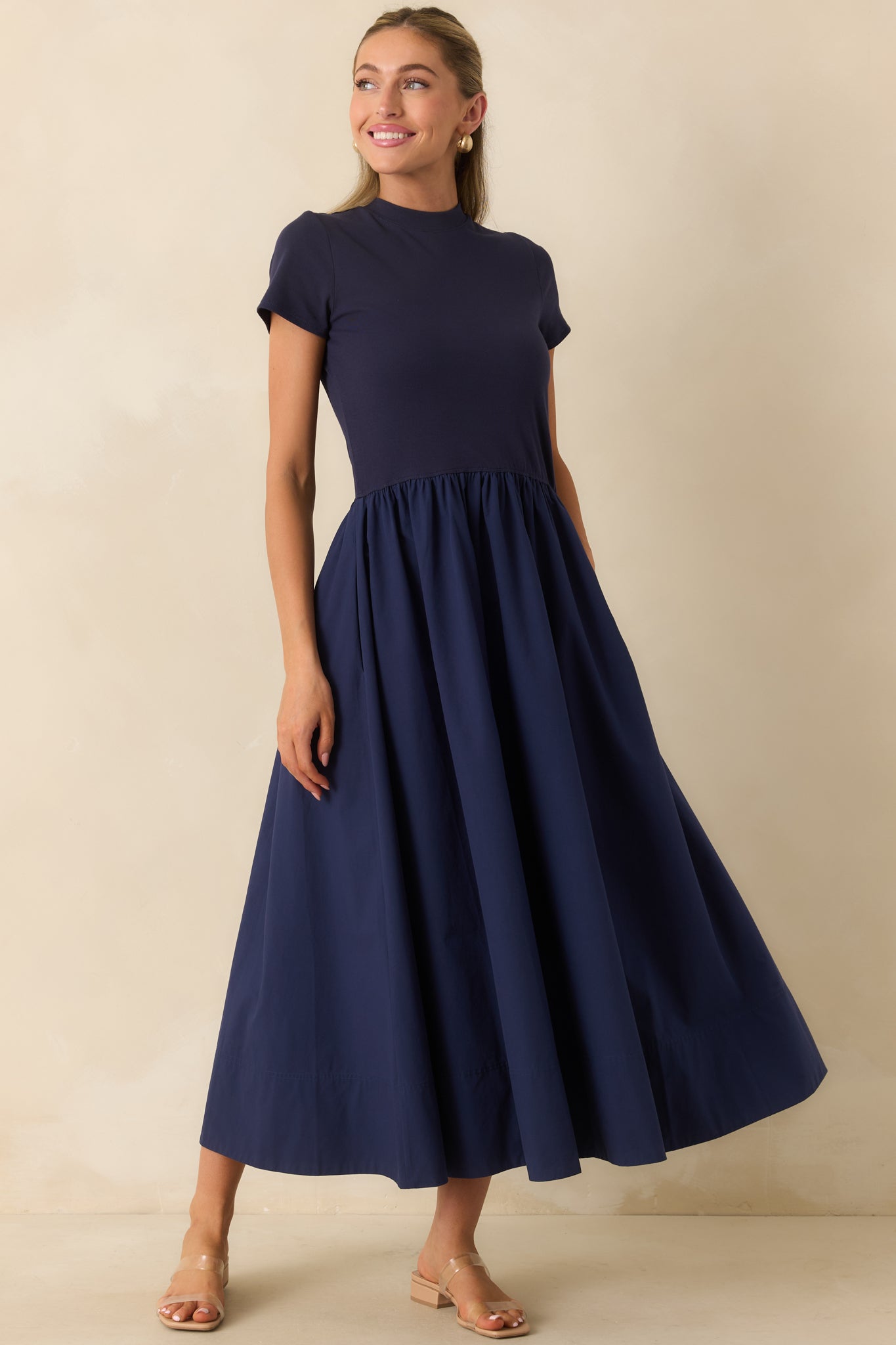 Prosperina Aria Navy Cotton Short Sleeve Midi Dress