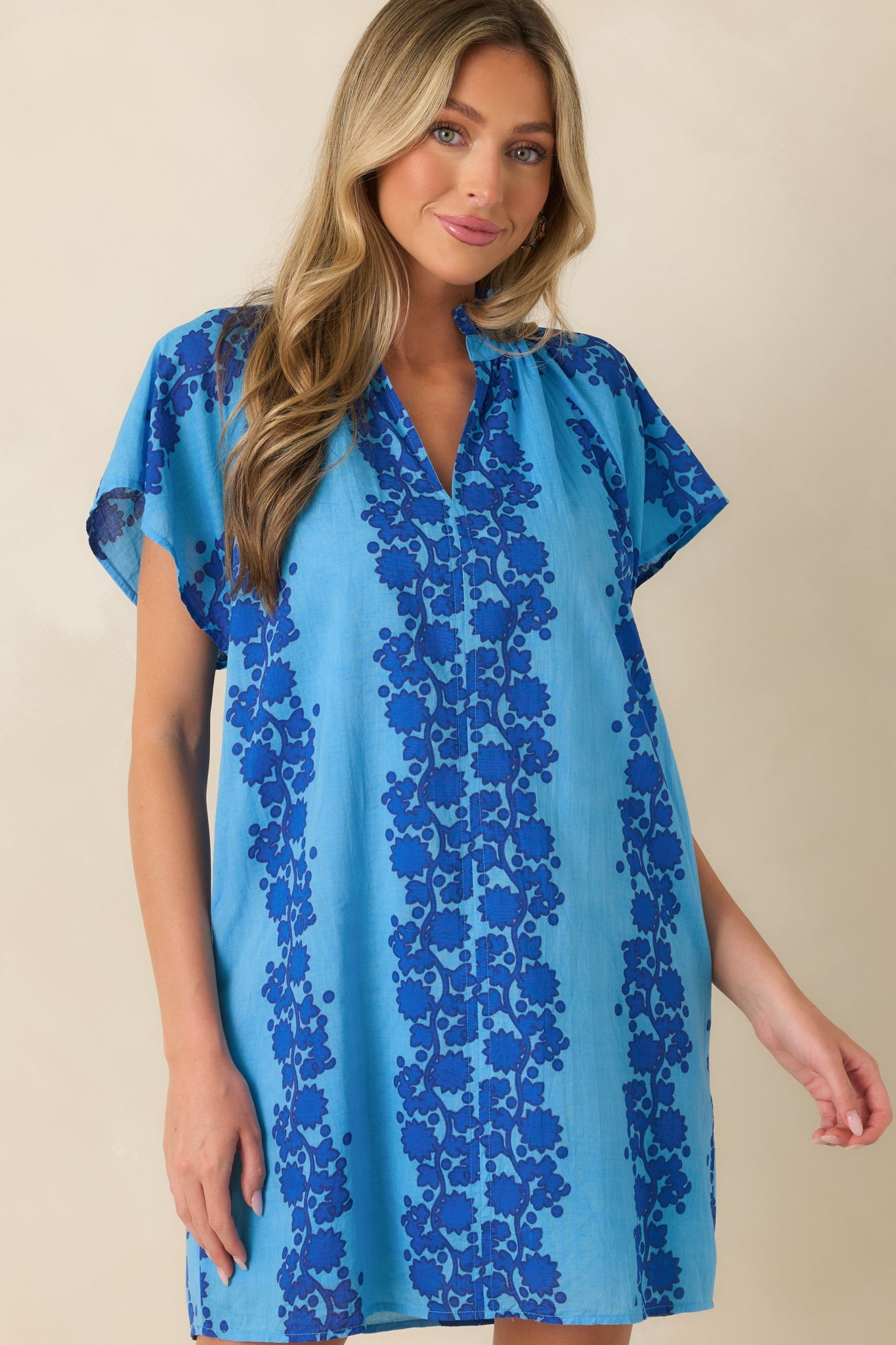 Palm Beach Bound Blue Cotton Floral Mini Dress