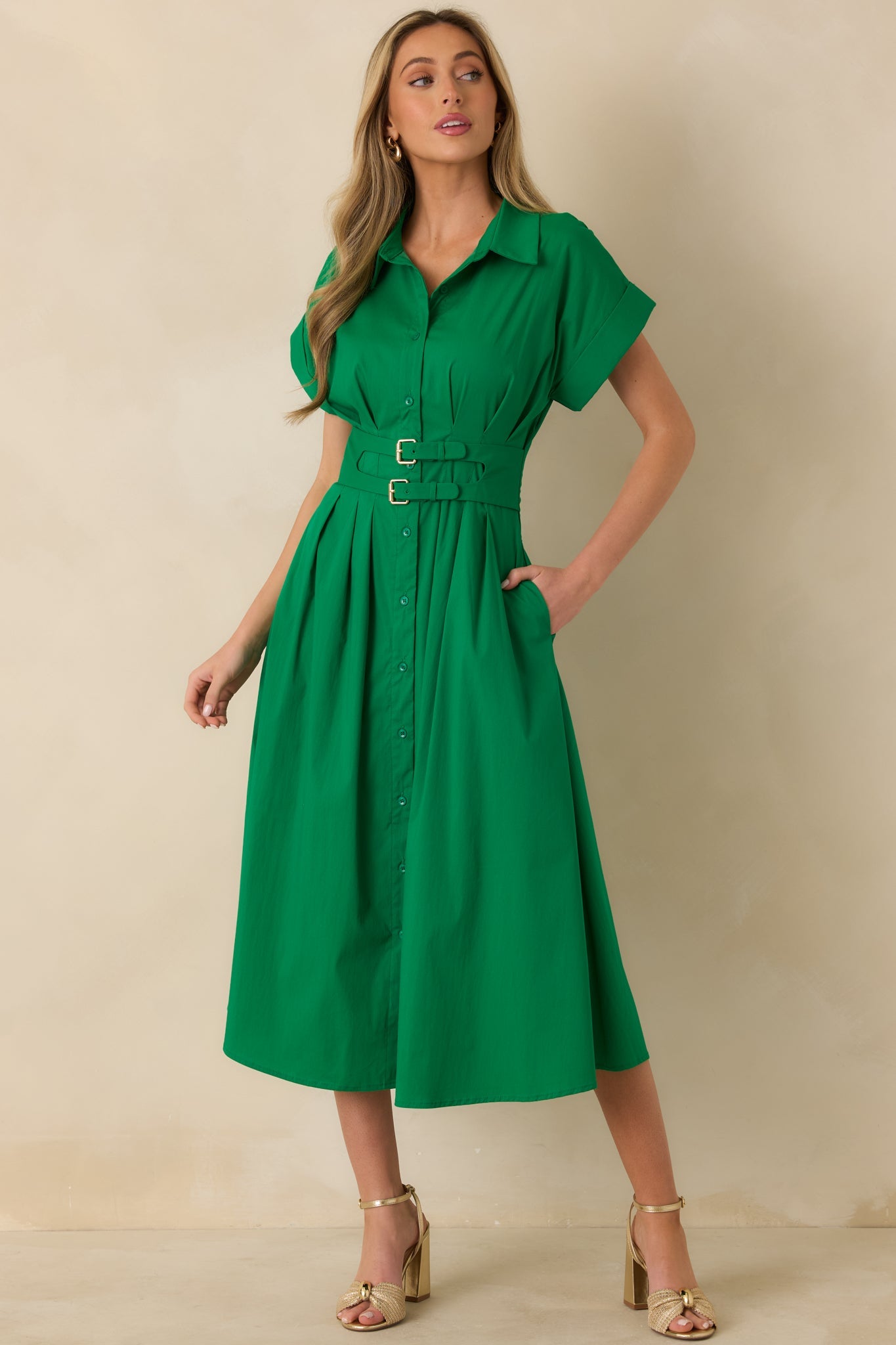 Right Where You're Meant to Be Green Belted Button Front Midi Dress