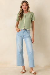 Like a Dream Light Green Knit Lace Trim Button Front Top