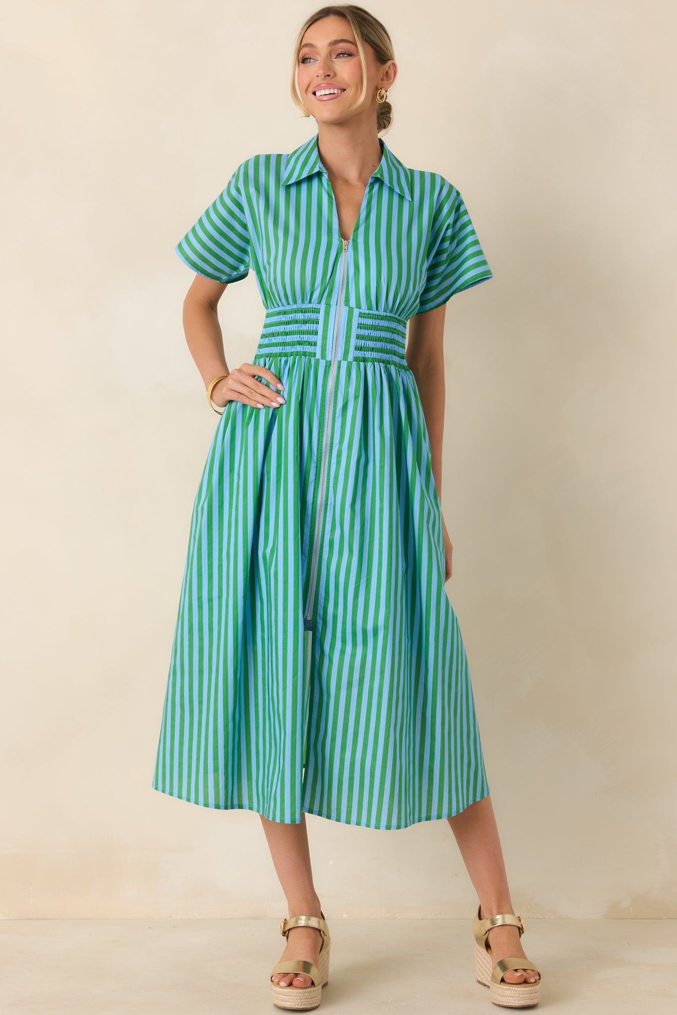 Put It in Motion Light Blue & Green Stripe Cotton Midi Dress