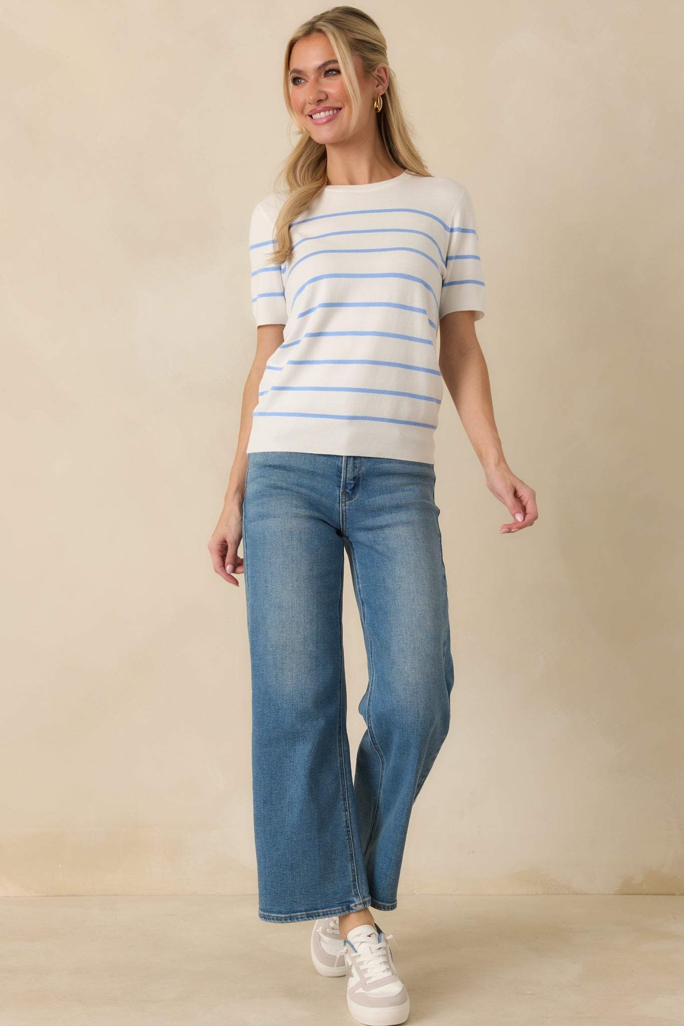 Bound to Happen Blue Stripe Knit Short Sleeve Sweater