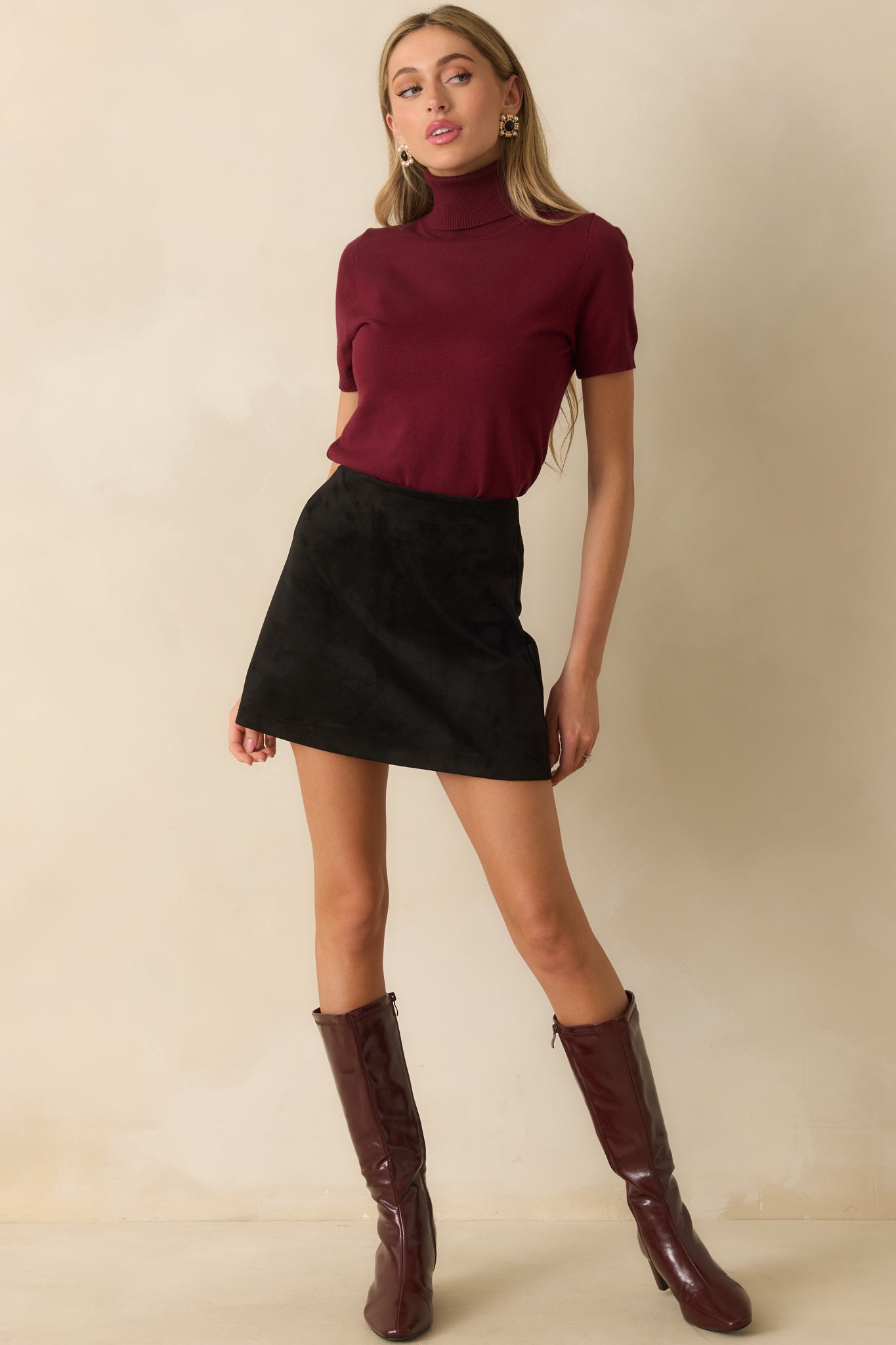 In Just A Minute Wine Ribbed Turtleneck Short Sleeve Sweater