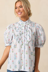 Things Happen Light Blue Stripe Floral Cotton Button Front Top