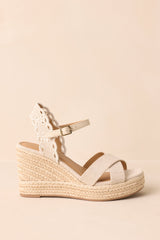 Taking It All In Beige Canvas Embroidered Eyelet Wedge Sandals