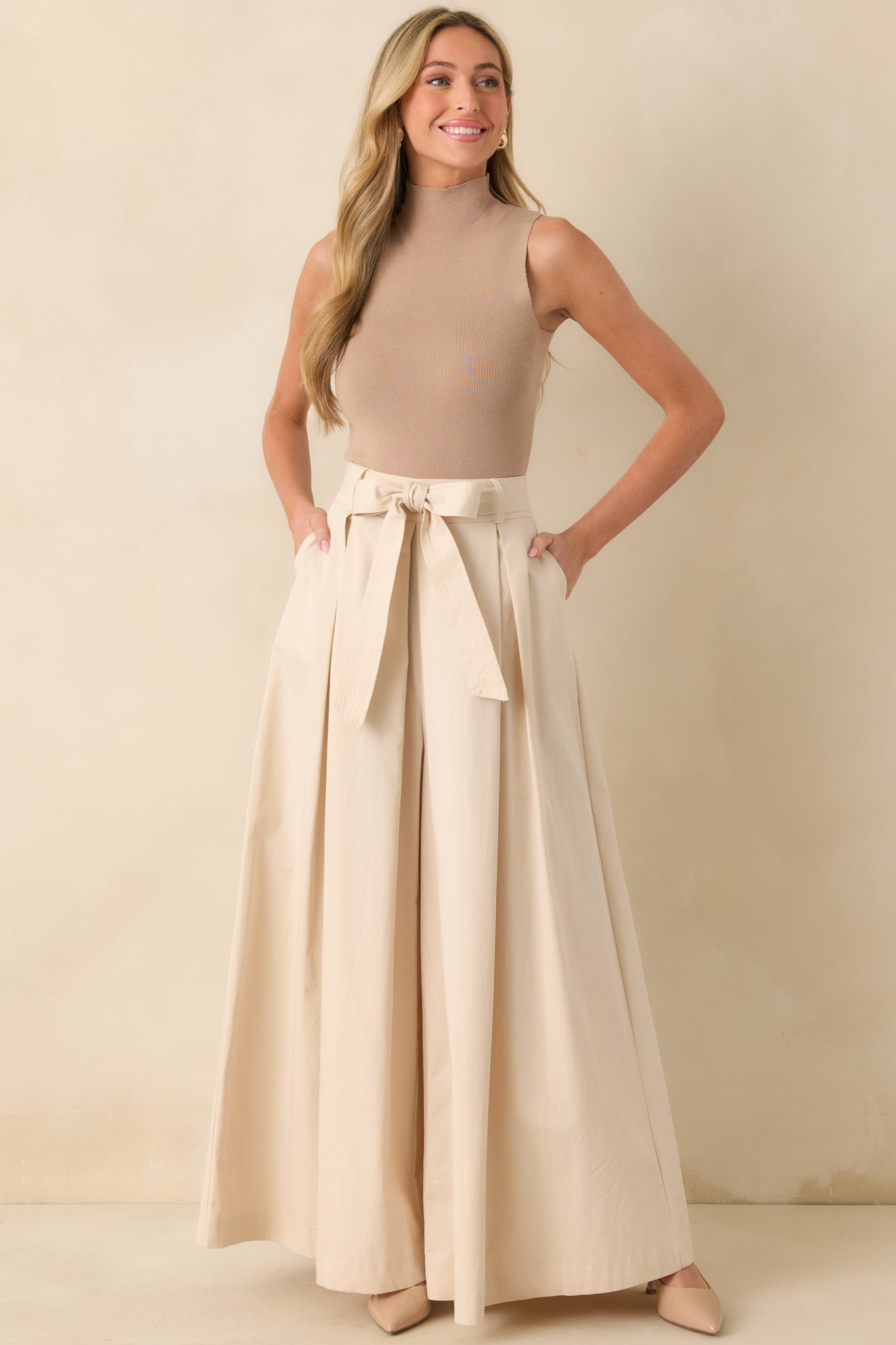 Taking Time Off Ecru Cotton Belted Palazzo Pants