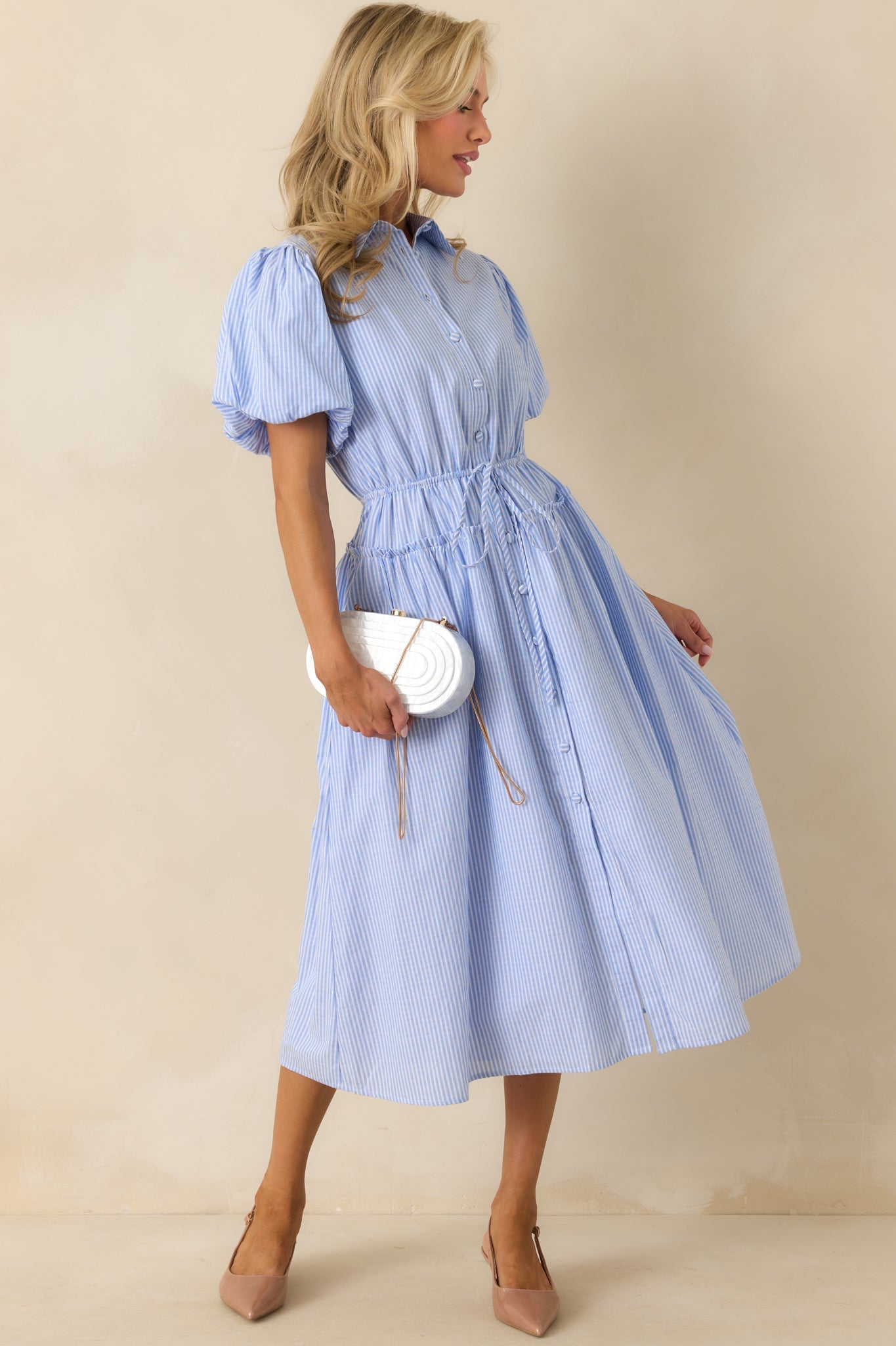 A Twist On Timeless Blue Stripe Rayon Maxi Shirt Dress