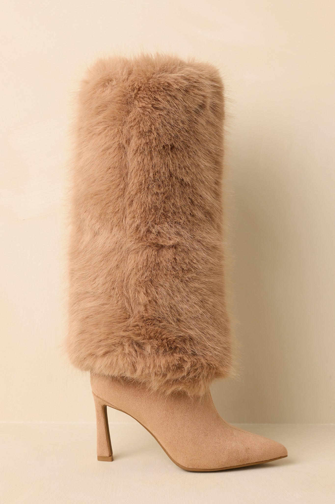Fine Point Tan Faux Fur and Suede Pointed Toe Stiletto Boots