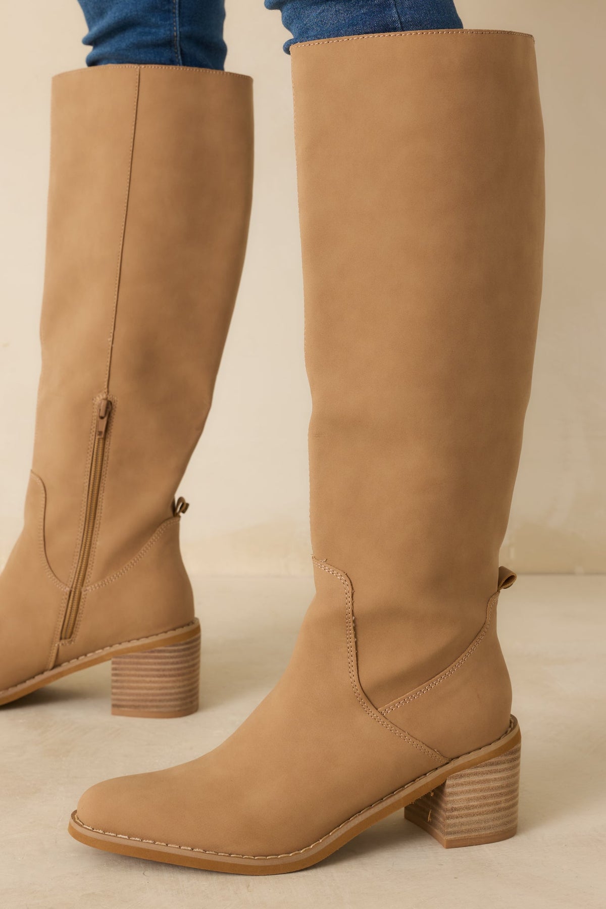 For Good Reason Camel Pointed Toe Knee High Boots