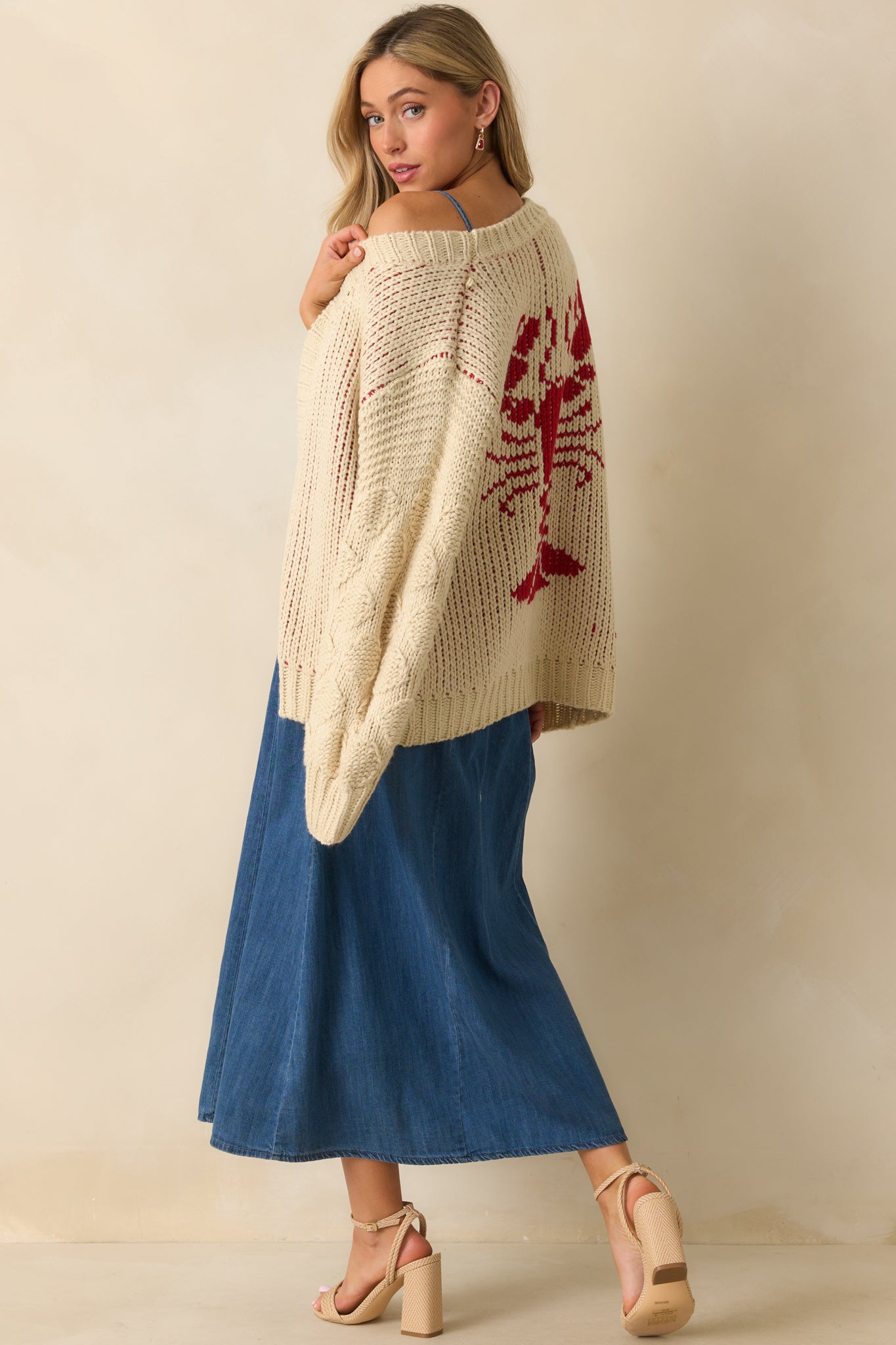 Dinner By The Dock Ivory Lobster Motif Open Front Cardigan