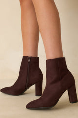 From Here On Dark Brown Faux Suede Block Heel Ankle Boots