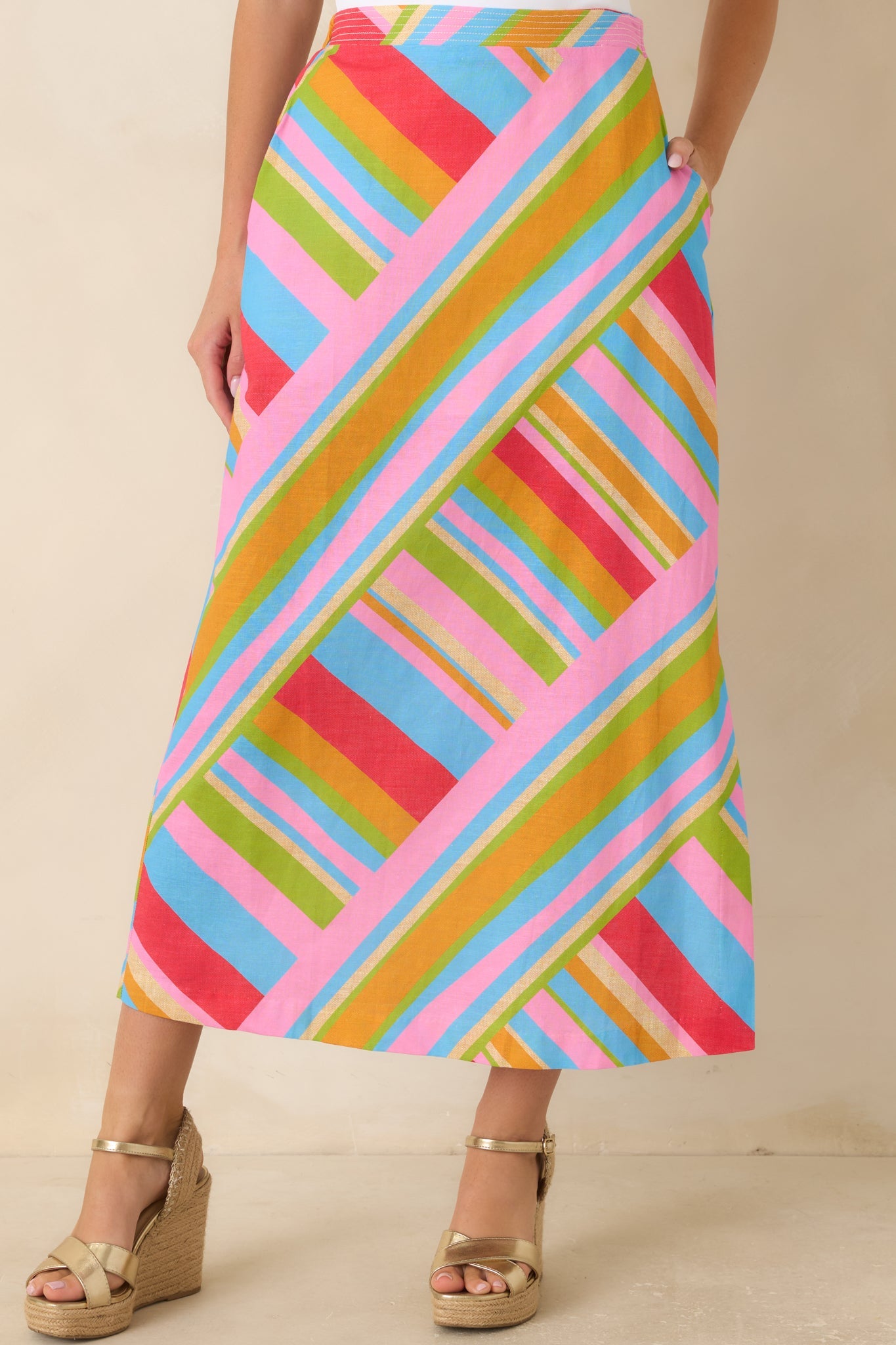 Nothing But Good Vibes Multi Geometric Cotton Linen Midi Skirt