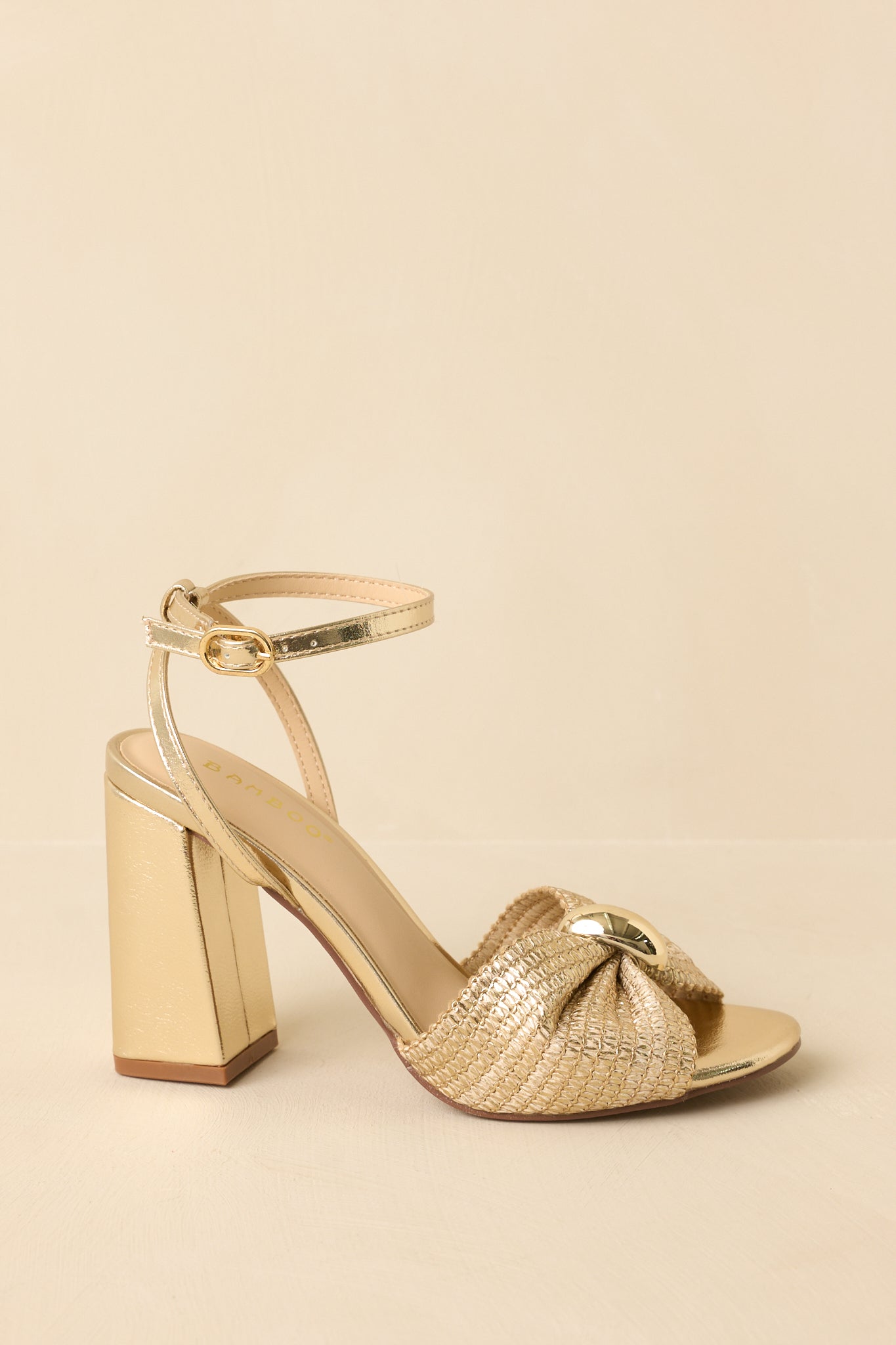 Charmed I'm Sure Gold Woven Bow Block Heel Sandals