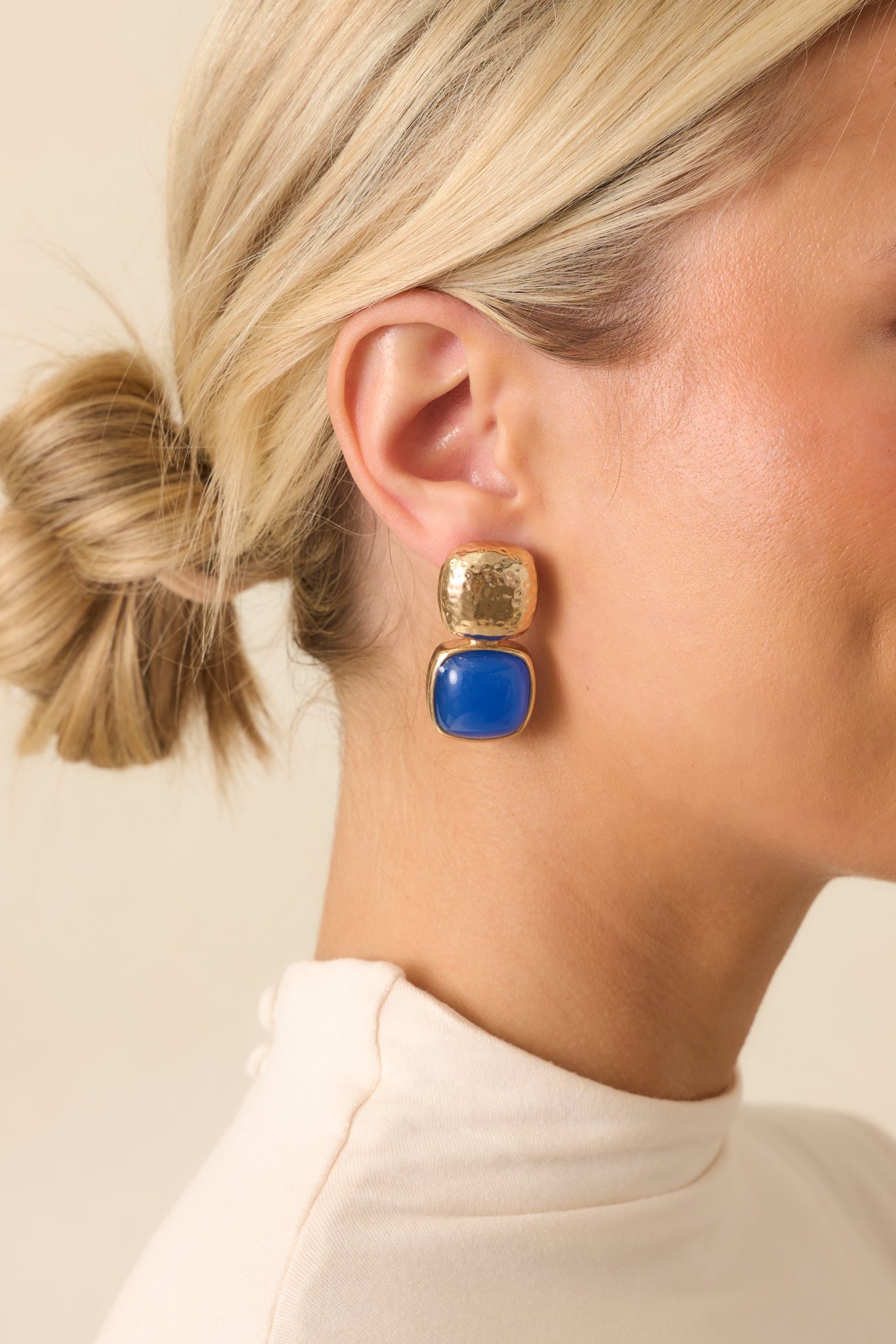 Blissful Days Blue Stone Gold Textured Drop Earrings