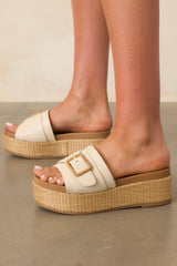 Walk With Purpose Ivory Buckle Slide Raffia Platform Sandals