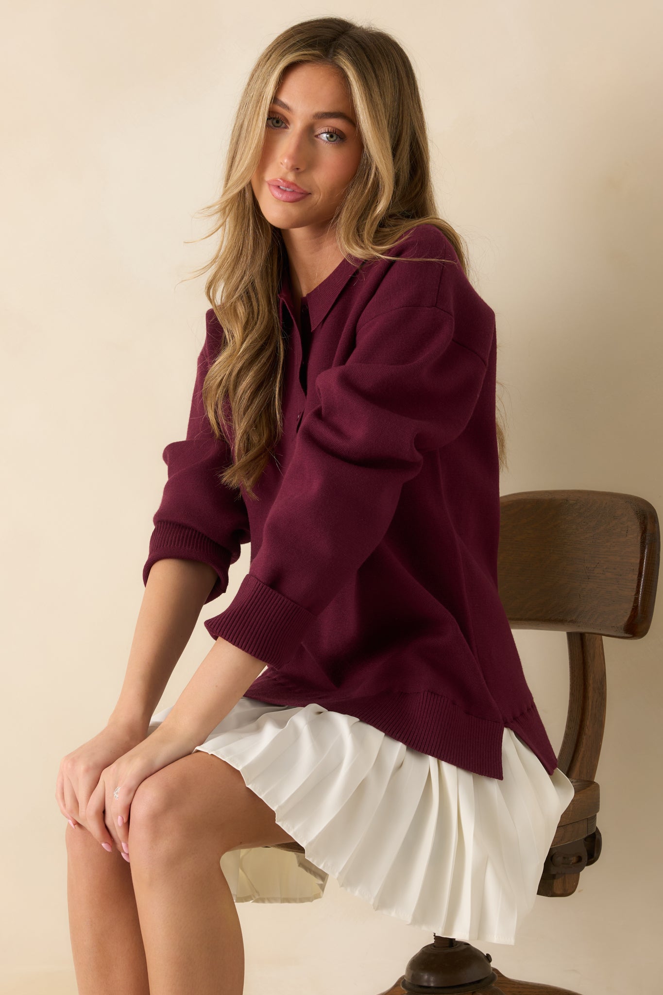 Close To Heart Burgundy Knit Collared Sweater Mini Dress