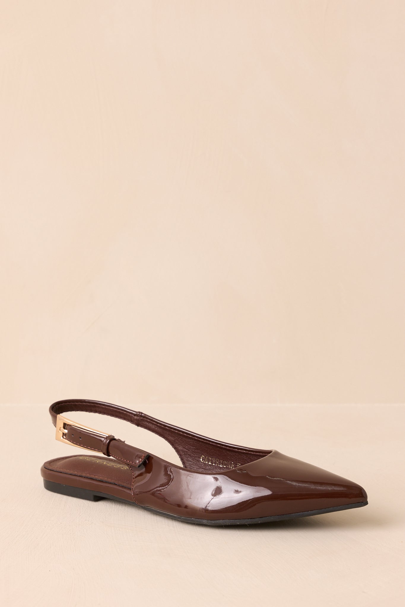 Take Notes Dark Brown Patent Faux Leather Pointed Toe Slingback Flats