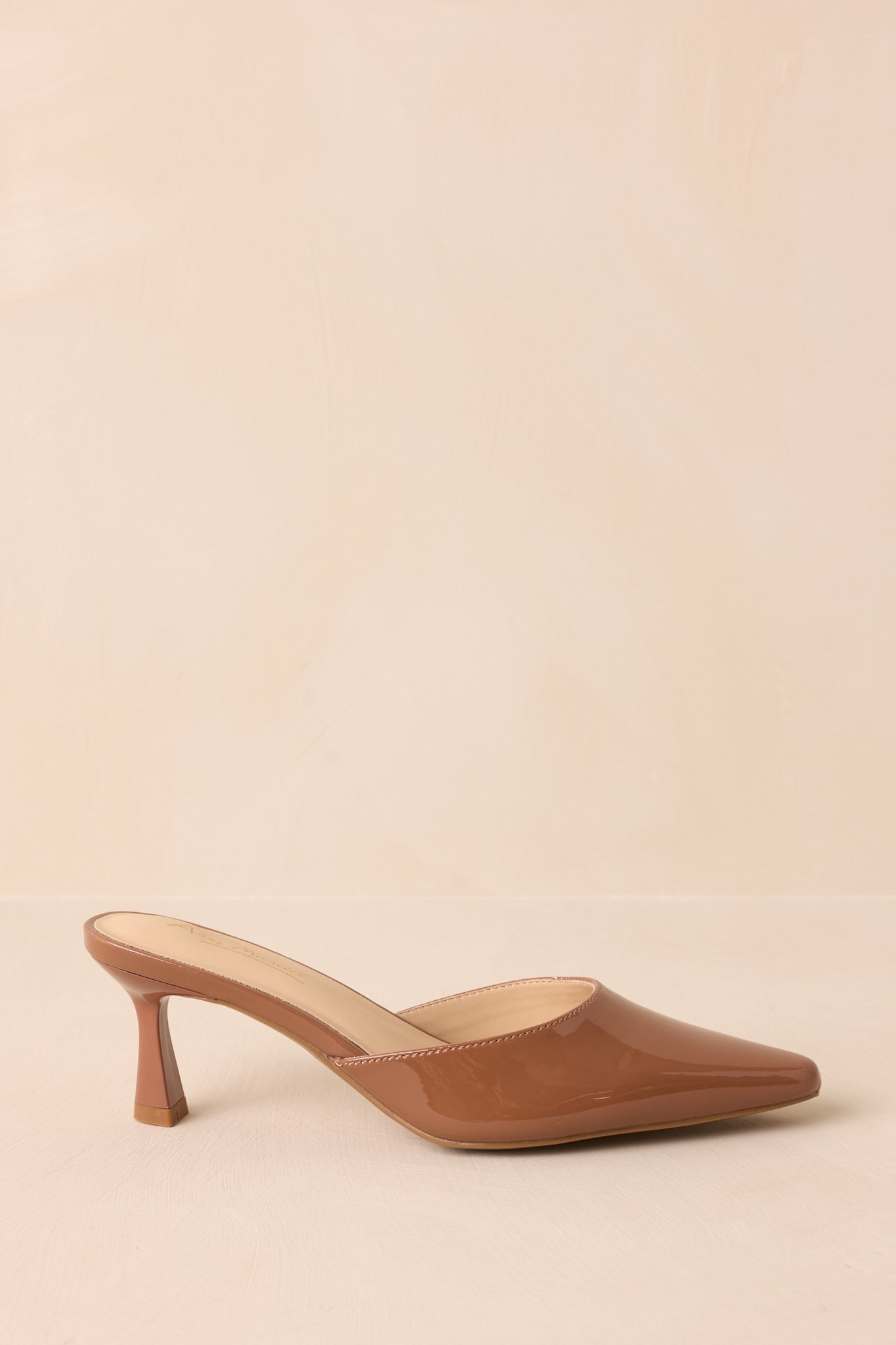 Here We Are Mocha Patent Faux Leather High Heel Mules