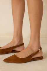 Point Of View Camel Brown Faux Suede Pointed Toe Slingback Flats