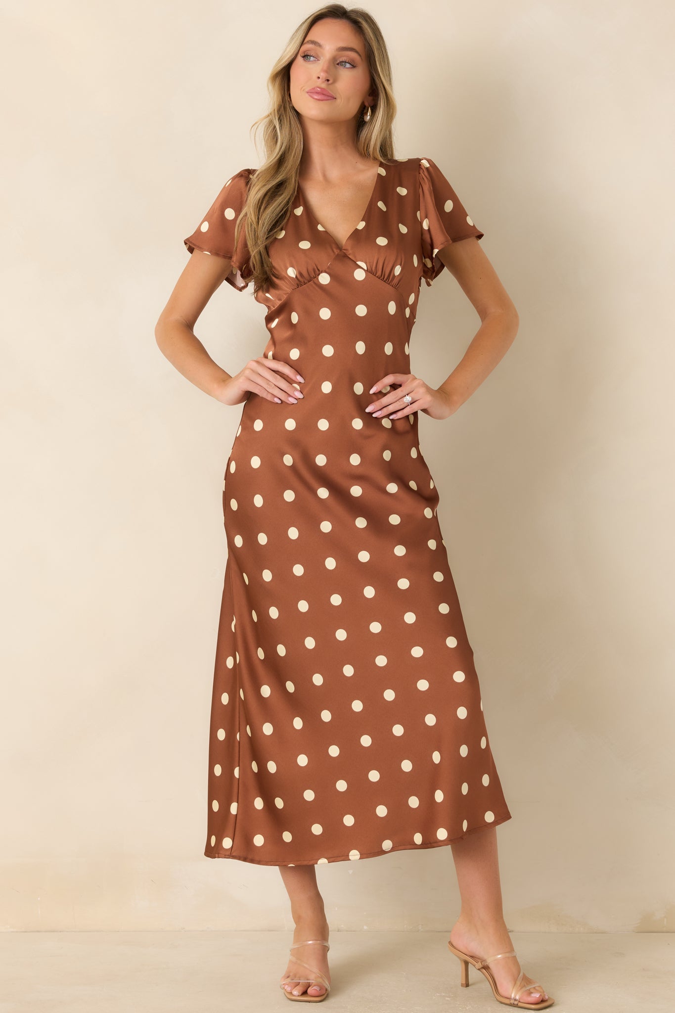 Forever Classic Brown Polka Dot Satin Midi Dress