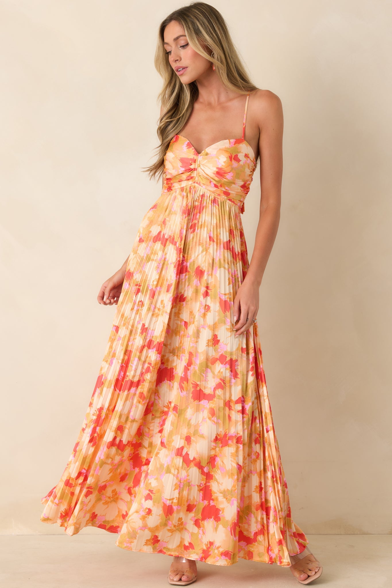 Painted in Sunshine Peach & Red Multi Satin Finish Pleated Maxi Dress