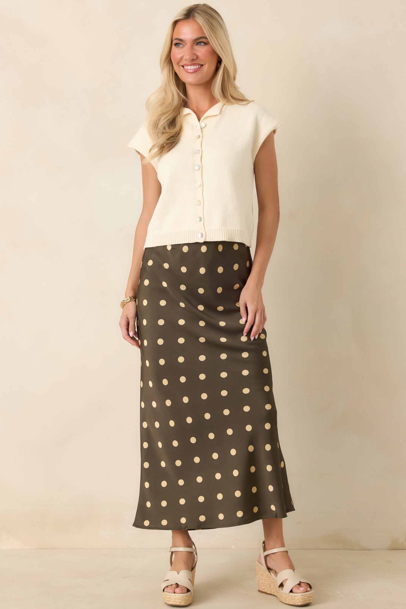 Connect the Dots Moss Green Polka Dot Satin Maxi Skirt