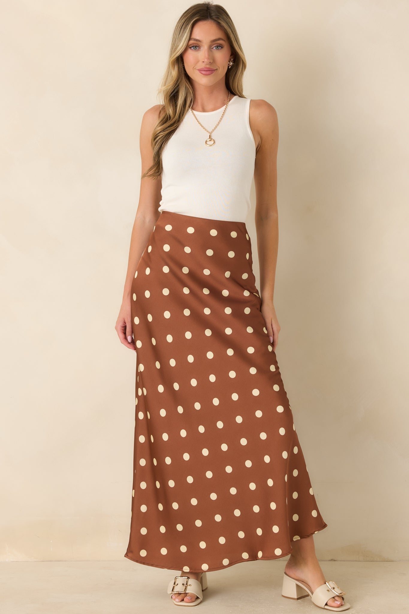 She's All Class Brown Polka Dot Satin Maxi Skirt