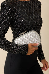 For Certain Silver Metallic Woven Faux Leather Clutch Handbag