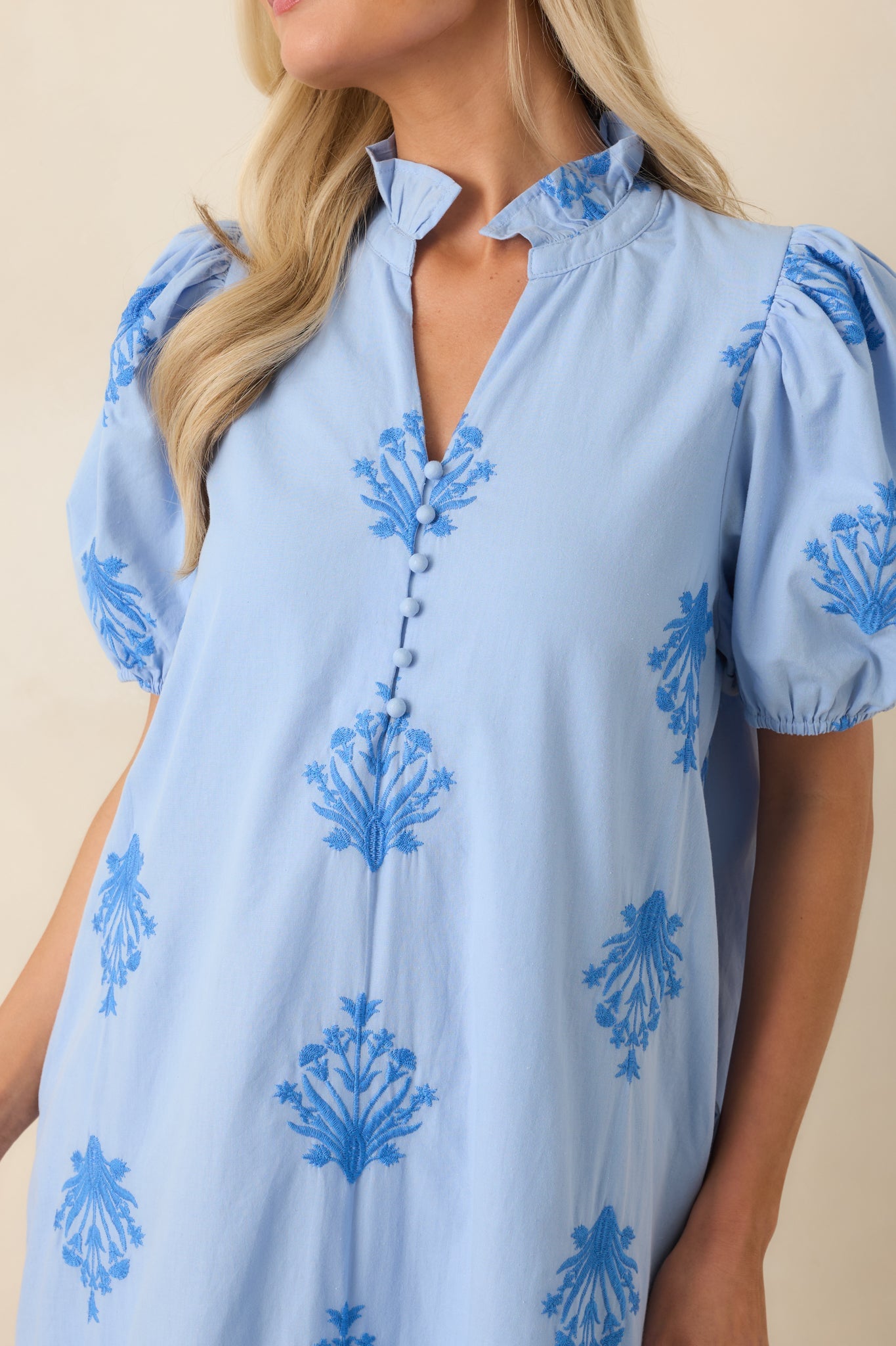 Stroll in the Breeze Sky Blue Embroidered Cotton Puff Sleeve Midi Dress