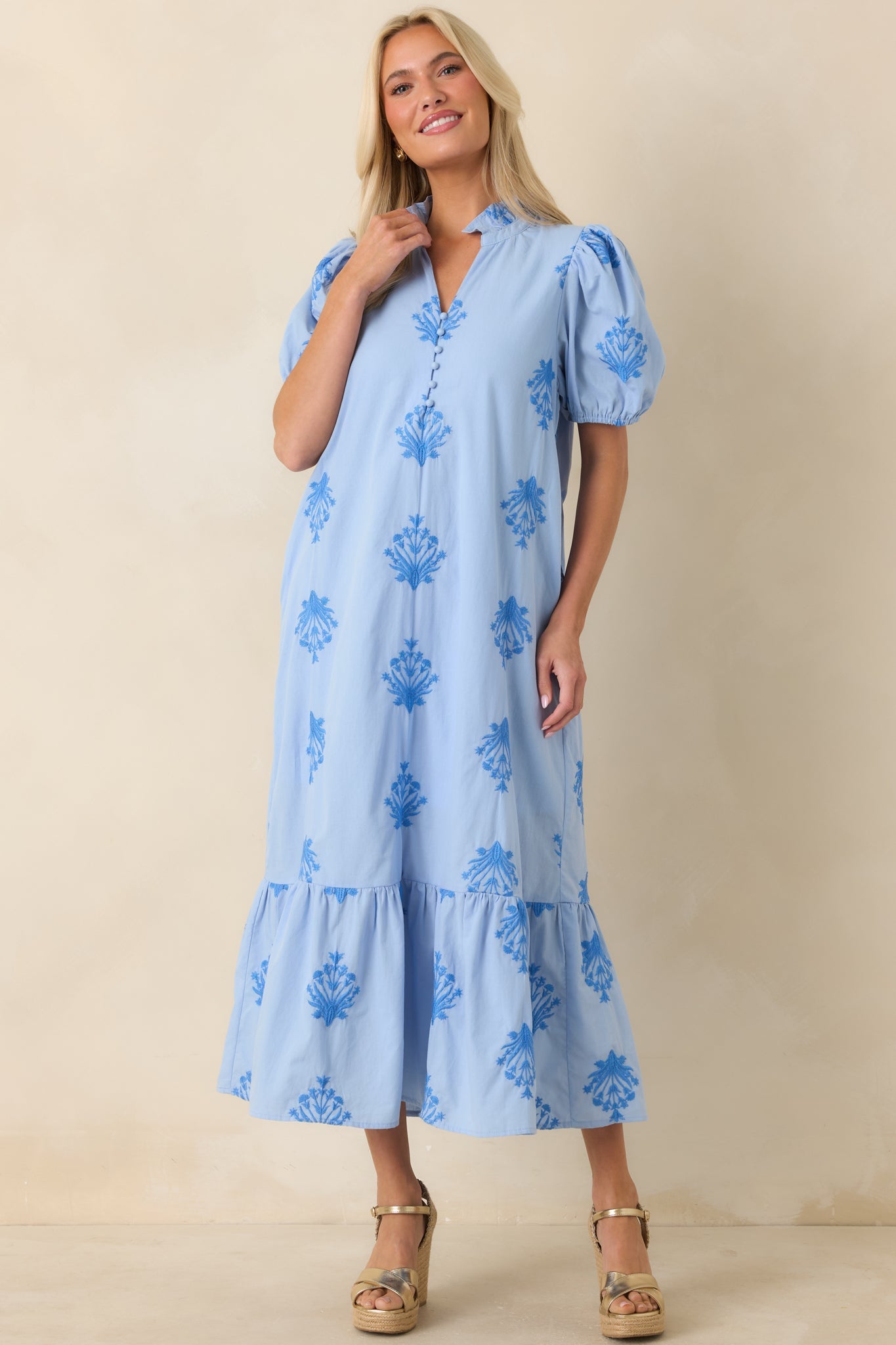 Stroll in the Breeze Sky Blue Embroidered Cotton Puff Sleeve Midi Dress