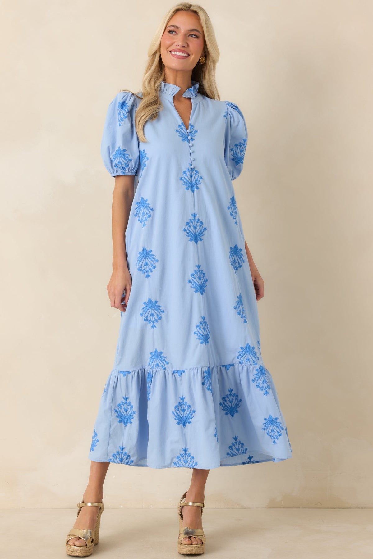Stroll in the Breeze Sky Blue Embroidered Cotton Puff Sleeve Midi Dress