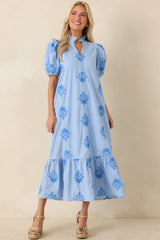 Stroll in the Breeze Sky Blue Embroidered Cotton Puff Sleeve Midi Dress