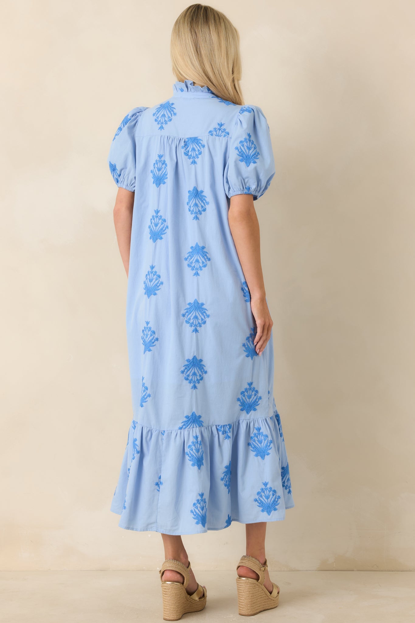Stroll in the Breeze Sky Blue Embroidered Cotton Puff Sleeve Midi Dress