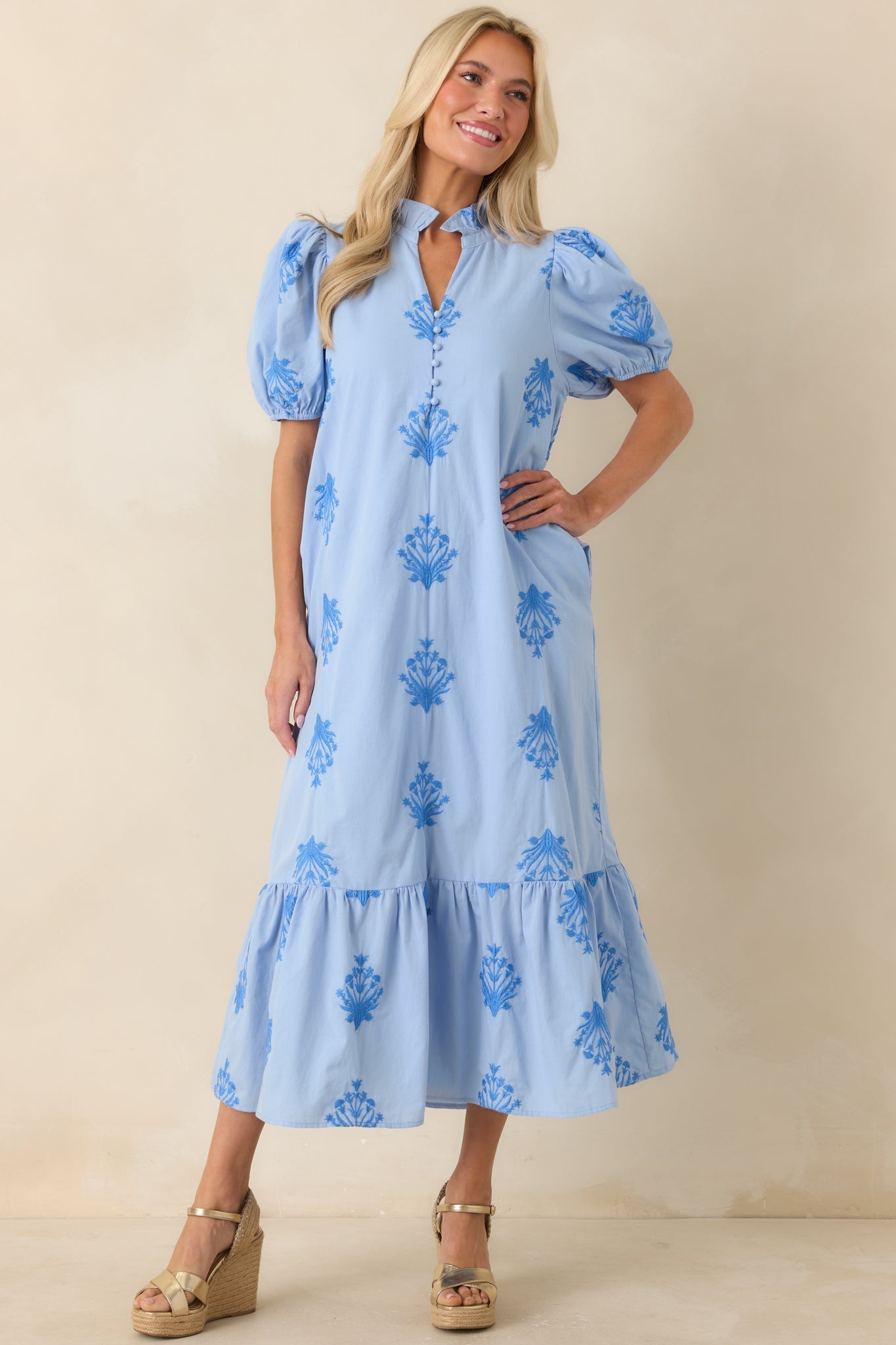 Stroll in the Breeze Sky Blue Embroidered Cotton Puff Sleeve Midi Dress