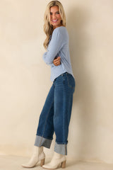 Meant For Today Sky Blue Ribbed Knit Long Sleeve Henley Top