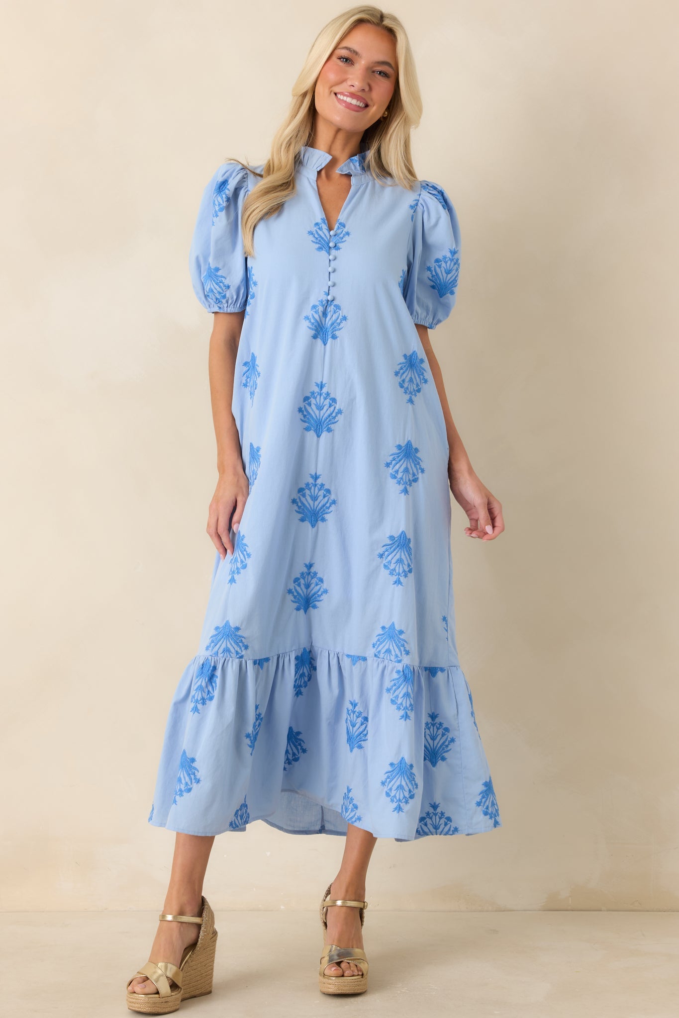Stroll in the Breeze Sky Blue Embroidered Cotton Puff Sleeve Midi Dress