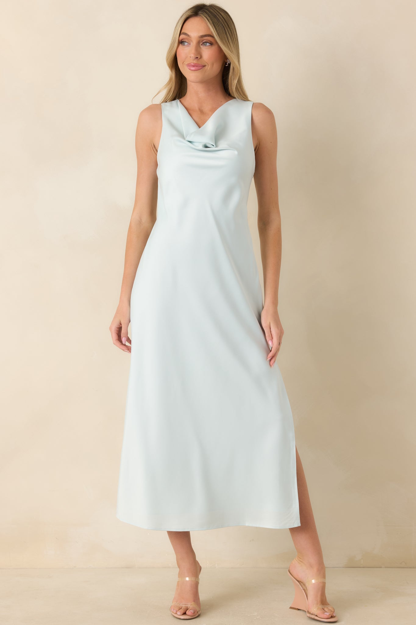 The Moment Is Ours Sky Blue Satin Finish Midi Dress